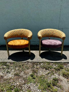 1990s Post Modern Colorful Upholstered Three Legged Barrel Chairs, Set of 2