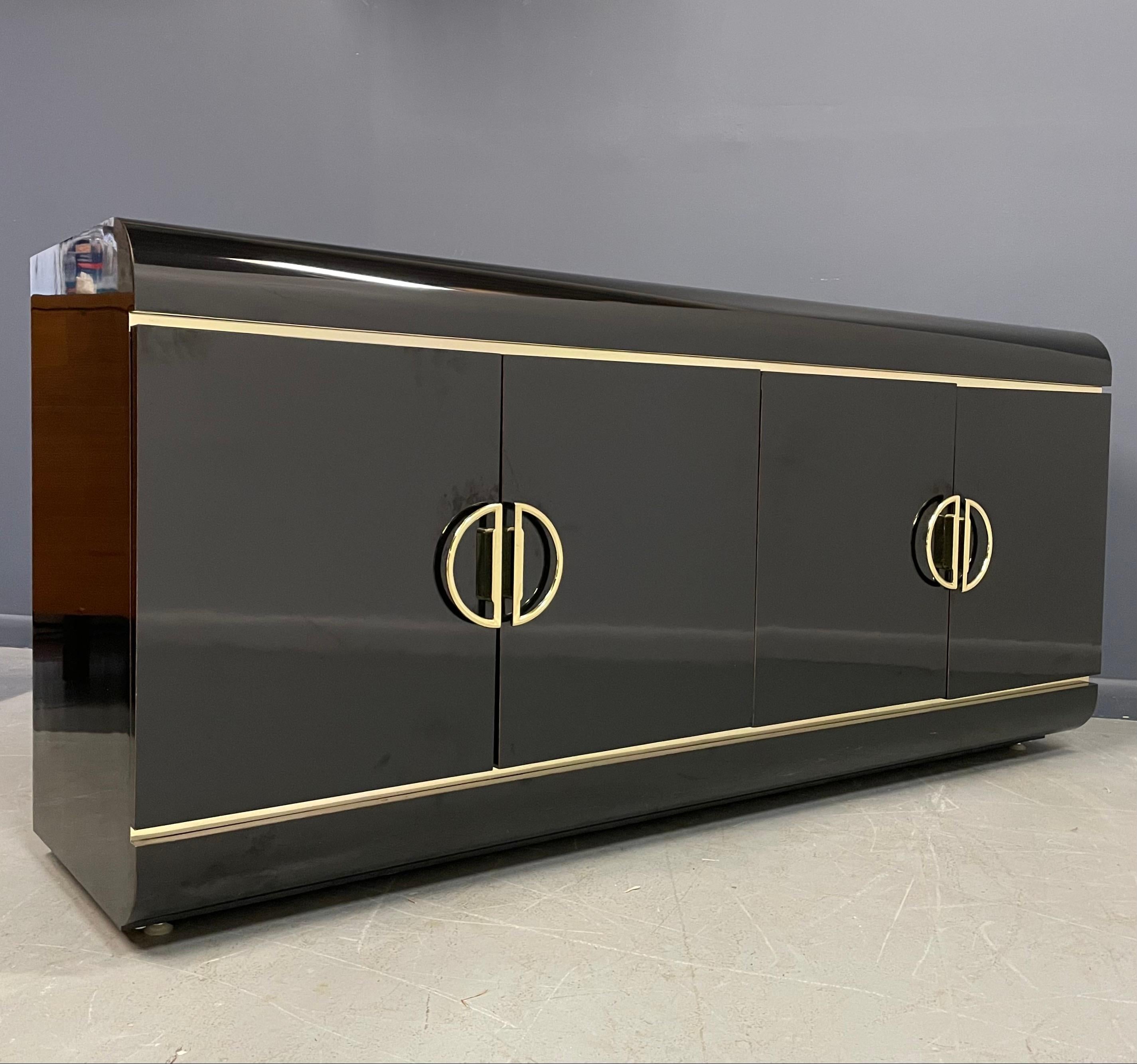 Post-Modern 1990s Post Modern Black Laminate Rounded Credenza with Brass Handles and Trim
