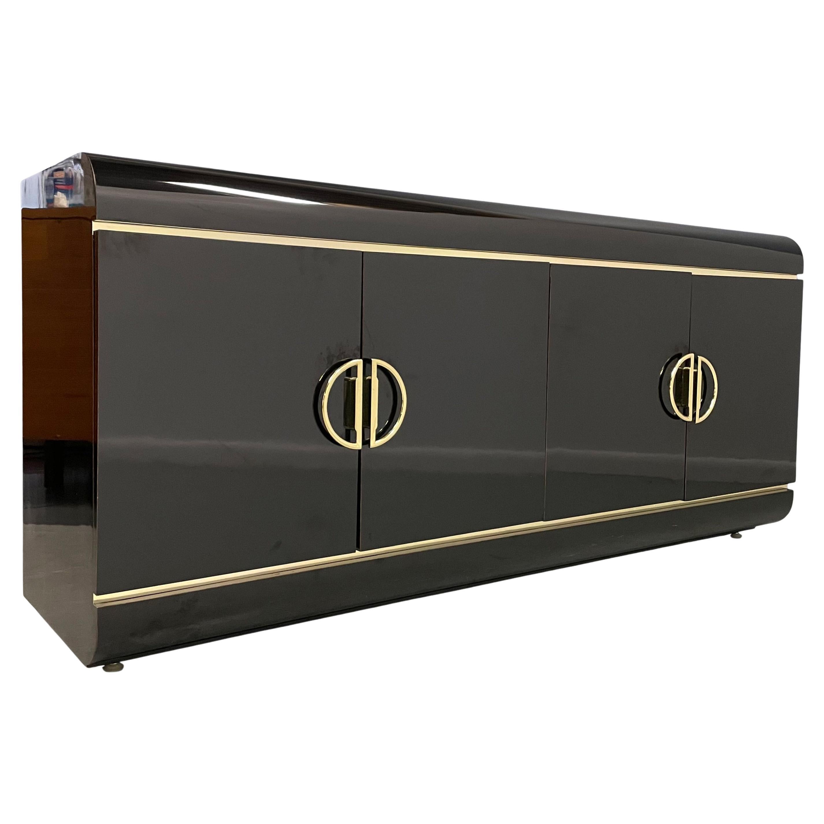 1990s Post Modern Black Laminate Rounded Credenza with Brass Handles and Trim