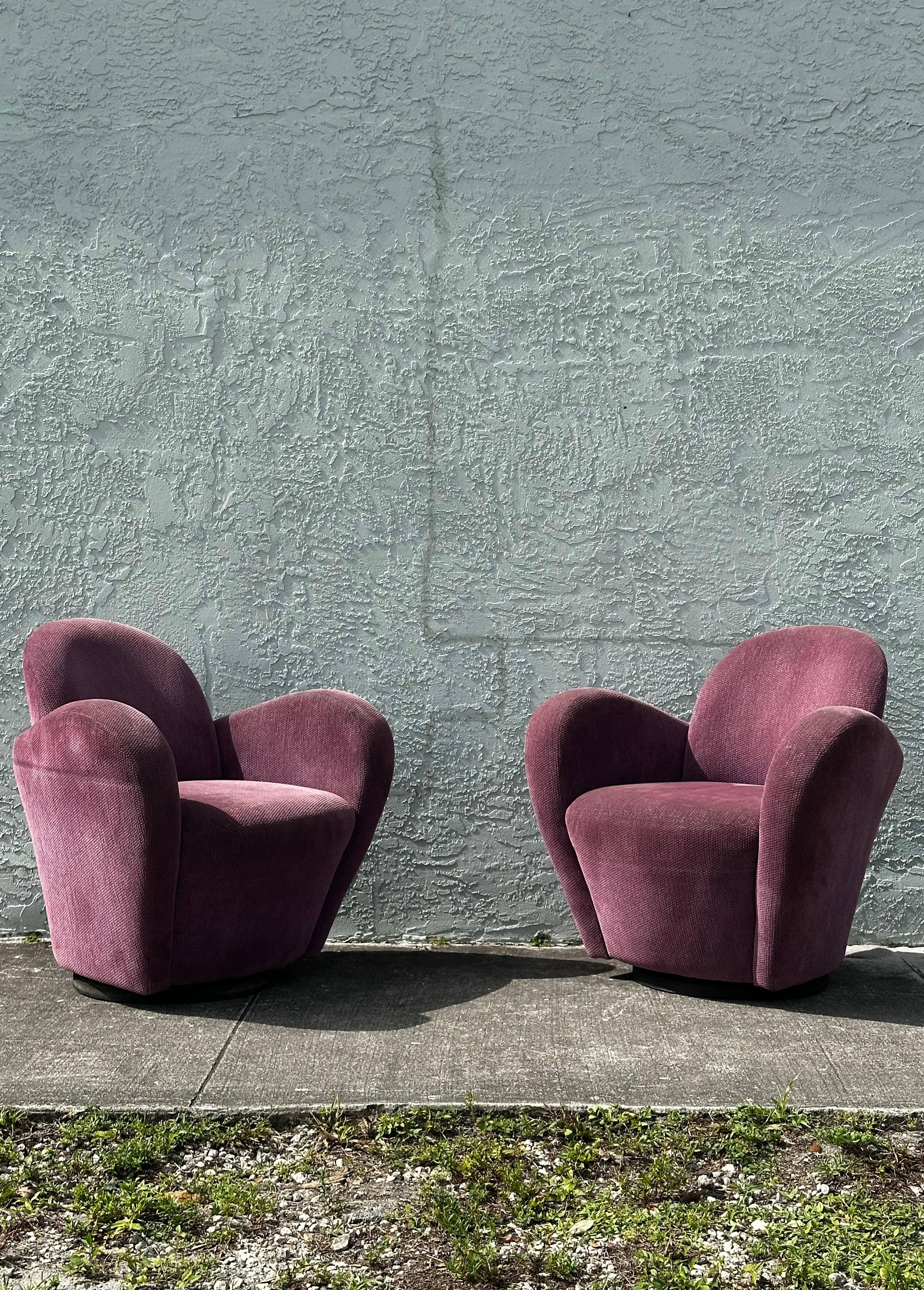 Upholstery 1990s Post Modern Muave Swivel Chairs by Michael Wolk for Directional, Set of 2 For Sale