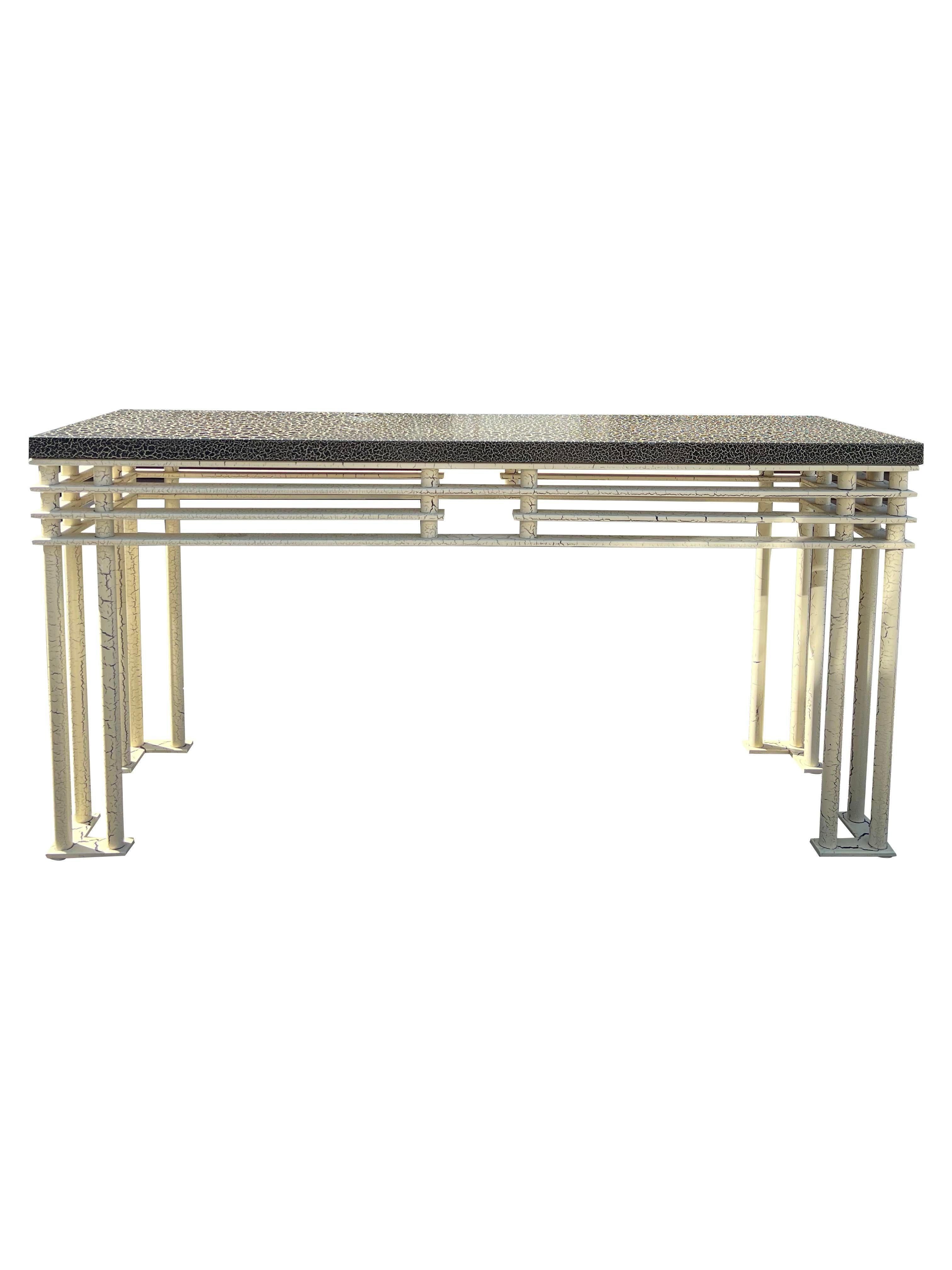 Vintage Post Modern Iron Console Table

Vintage: 1990s Post Modern Vintage Iron Console Table
Style: Modern
Material: Metal
Color: White with crackling paint finish
Dimensions: 59ʺW × 18.25ʺD × 29.5ʺH
Condition: Good Condition, Original Condition