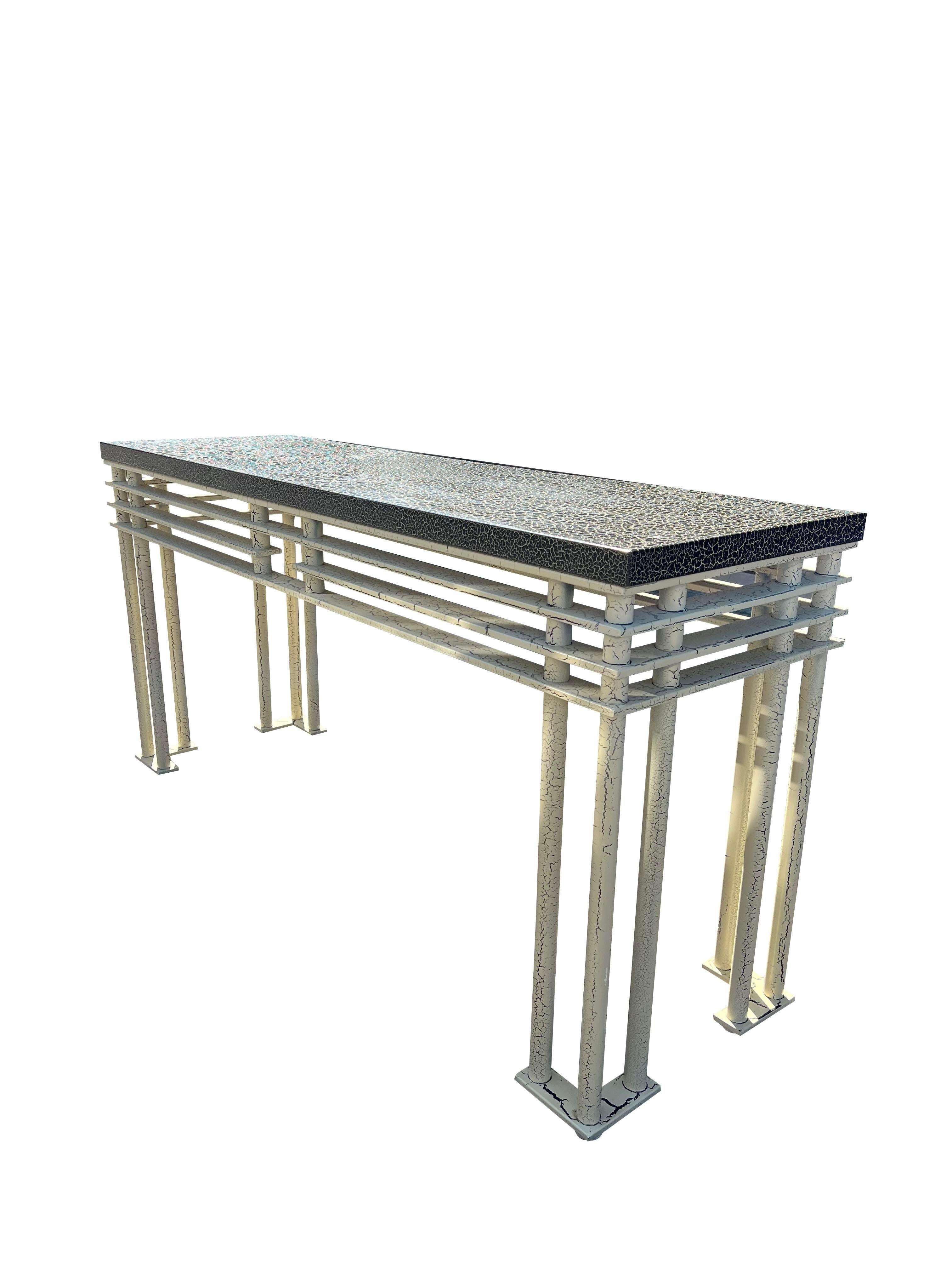 Metal 1990s Post Modern Vintage Iron Console Table in Crackling Paint For Sale