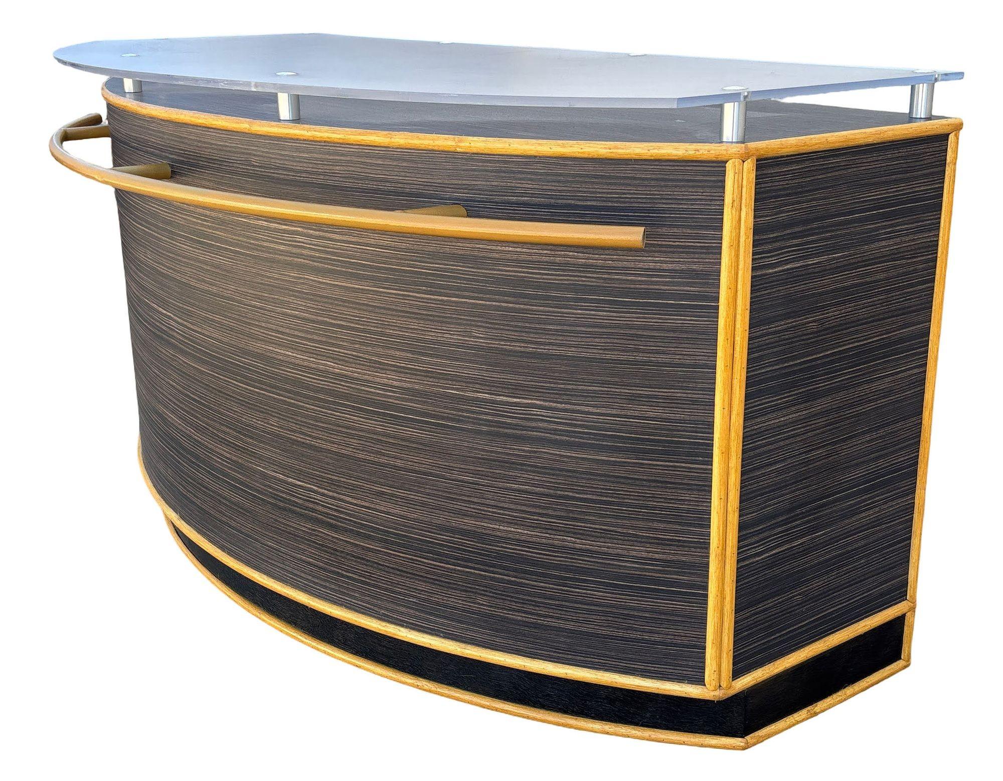 Post-Modern 1990s Postmodern Dry Bar w/ Plexiglass Top & Rattan Borders For Sale