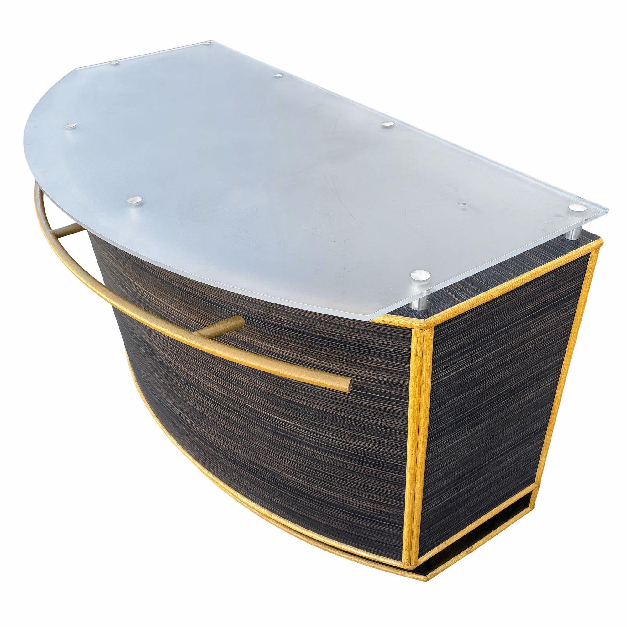 American 1990s Postmodern Dry Bar w/ Plexiglass Top & Rattan Borders For Sale