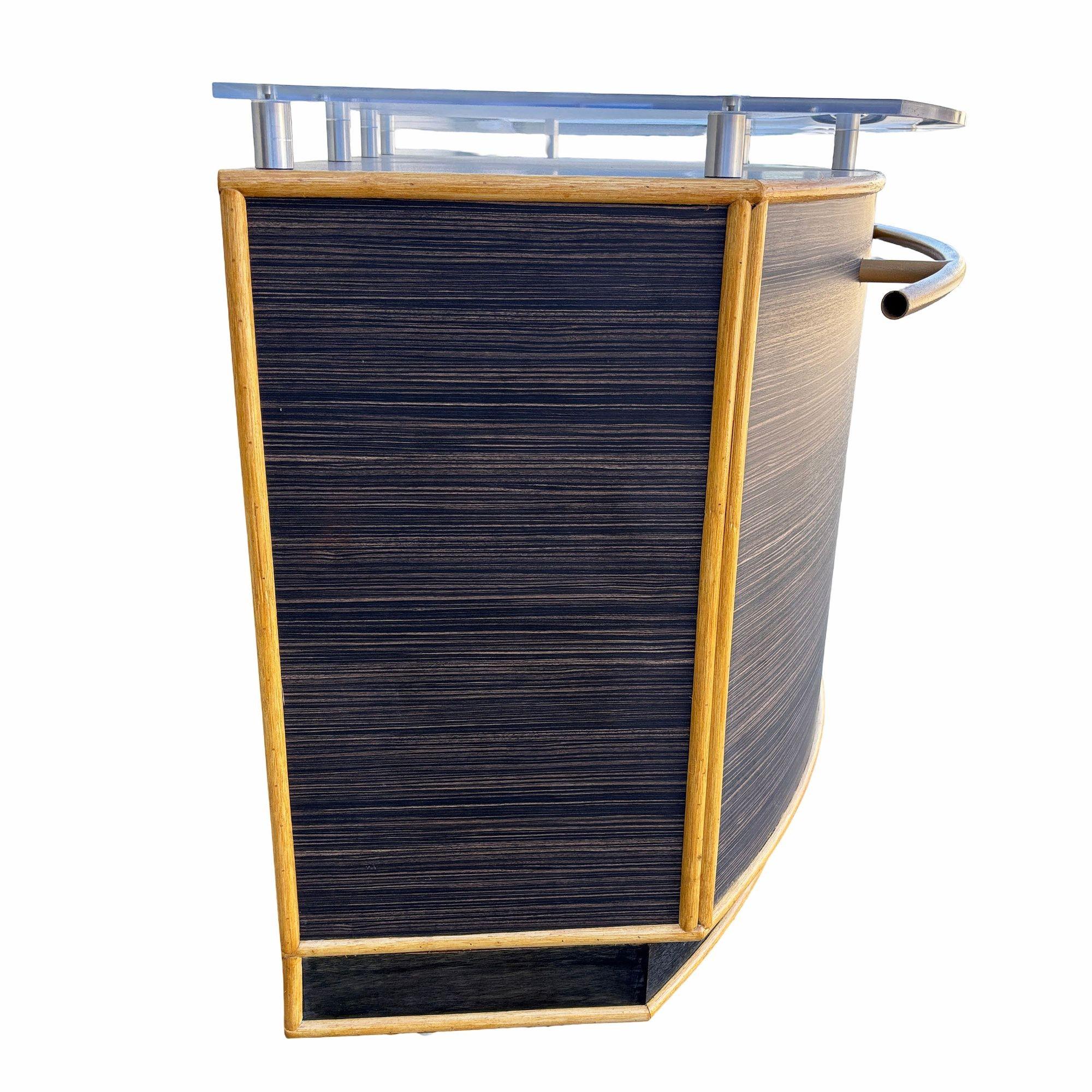 Late 20th Century 1990s Postmodern Dry Bar w/ Plexiglass Top & Rattan Borders For Sale