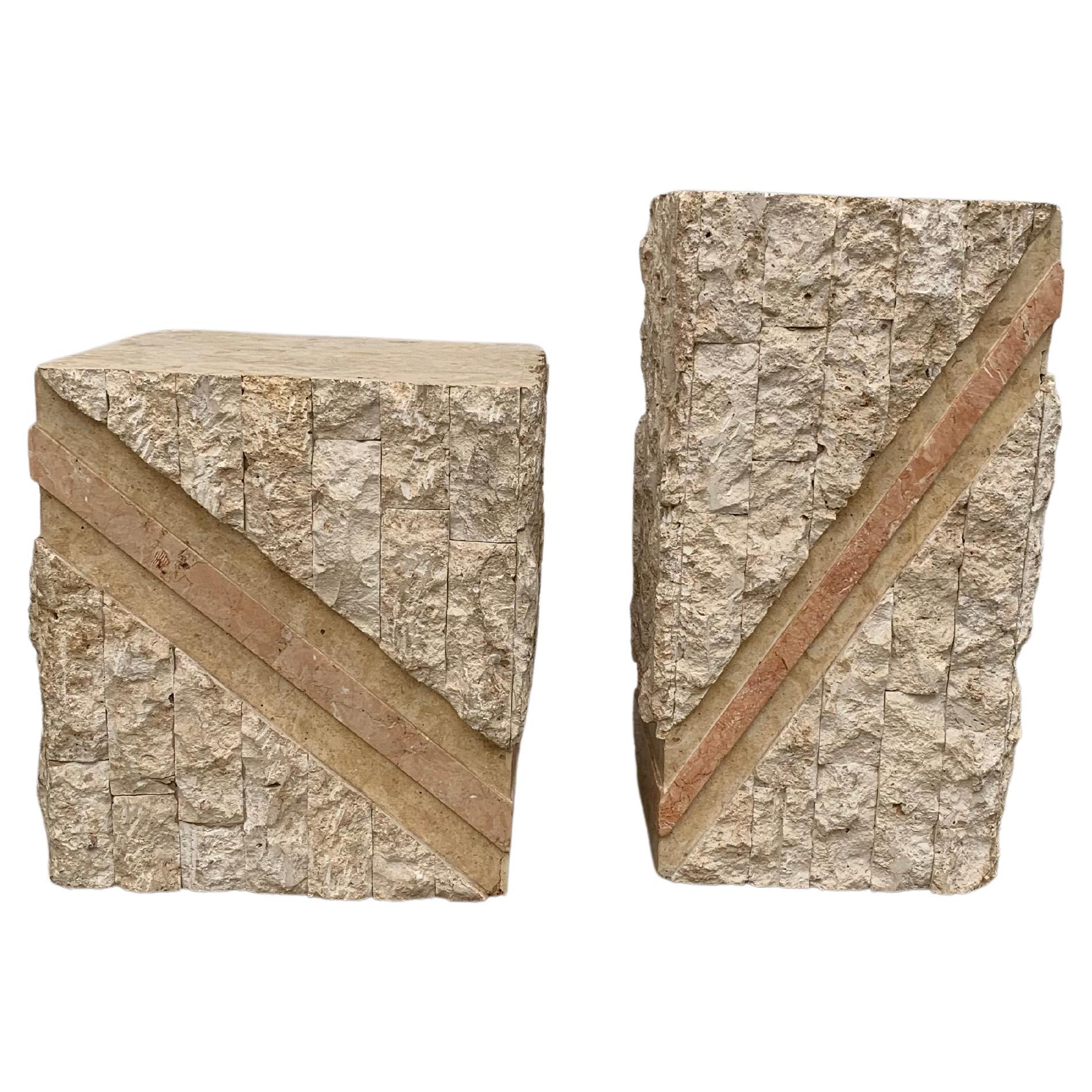 1990s, Postmodern Pink and Beige Tessellated Stone Side Tables, Pair