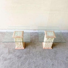 1990s Postmodern Tessellated Stone Glass Top Side Tables - a Pair