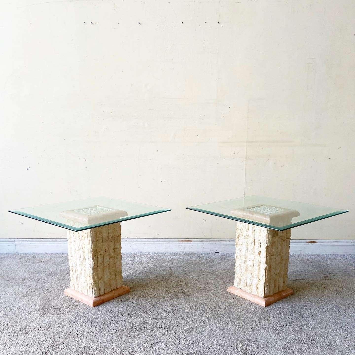 Postmoderne 1990 Postmodern Tessellated Stone Glass Top Side Tables - a Pair en vente