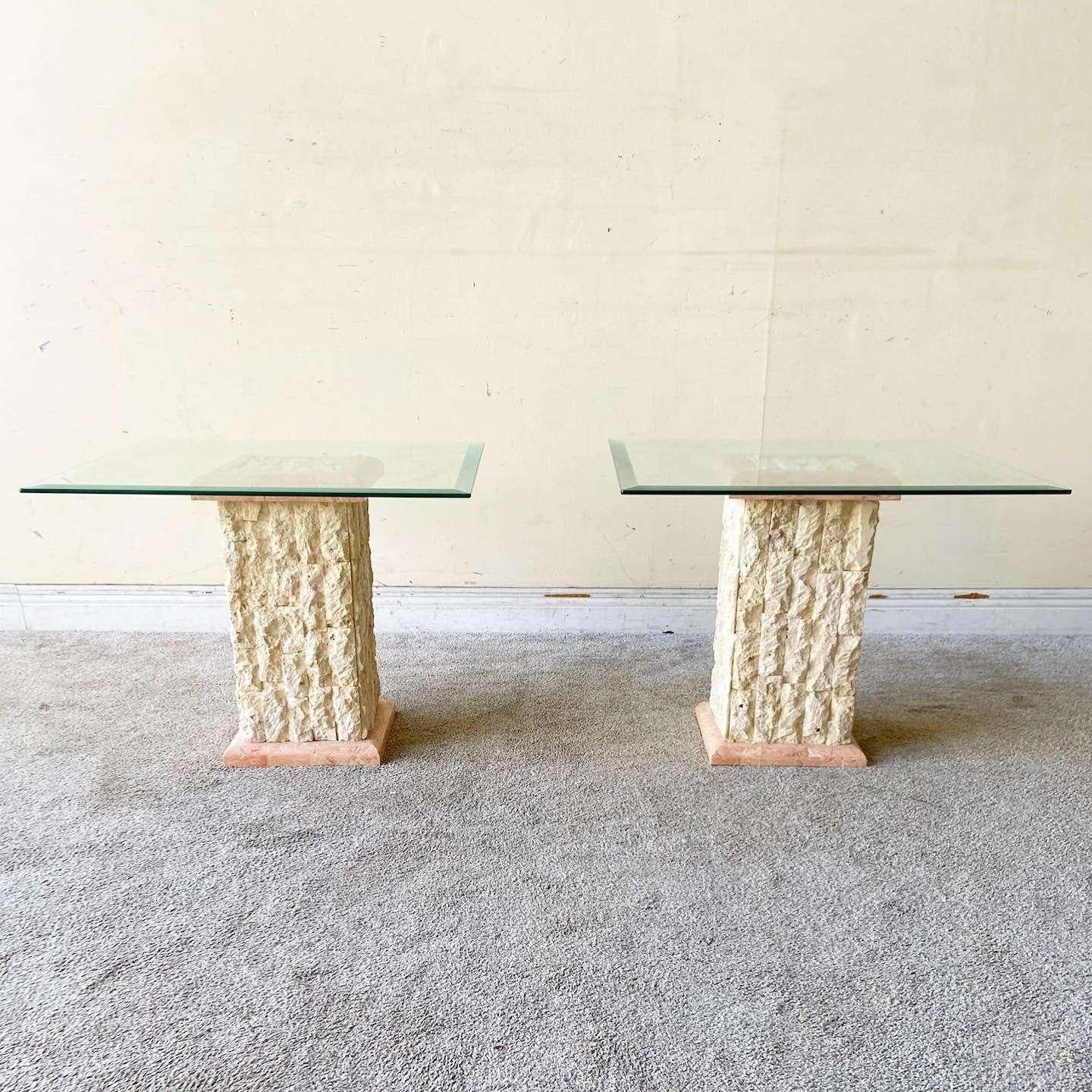 Philippine 1990s Postmodern Tessellated Stone Glass Top Side Tables - a Pair For Sale