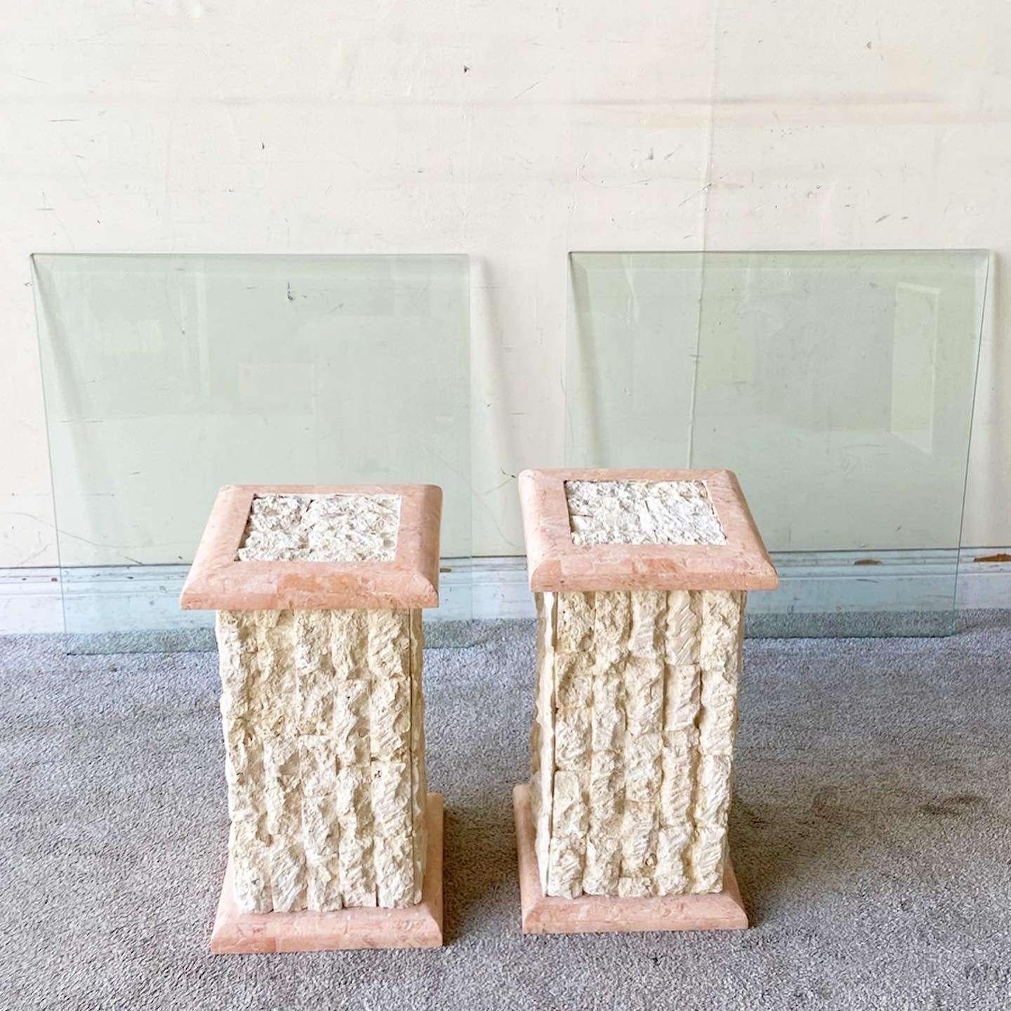 1990s Postmodern Tessellated Stone Glass Top Side Tables - a Pair In Good Condition For Sale In Delray Beach, FL
