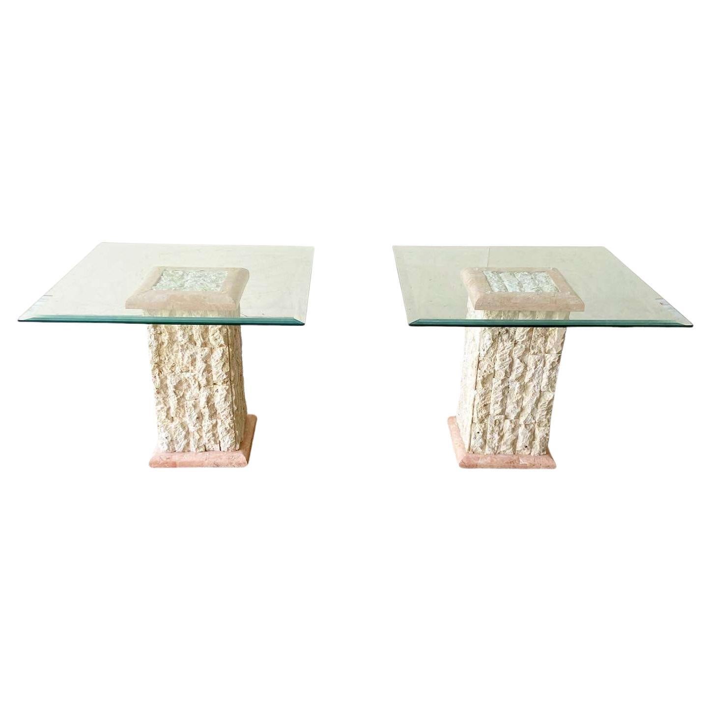1990 Postmodern Tessellated Stone Glass Top Side Tables - a Pair en vente