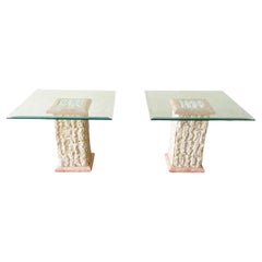 Vintage 1990s Postmodern Tessellated Stone Glass Top Side Tables - a Pair