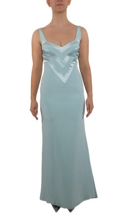 1990S Powder Blue Silk Crepe Back Satin Deco Seamed Gown