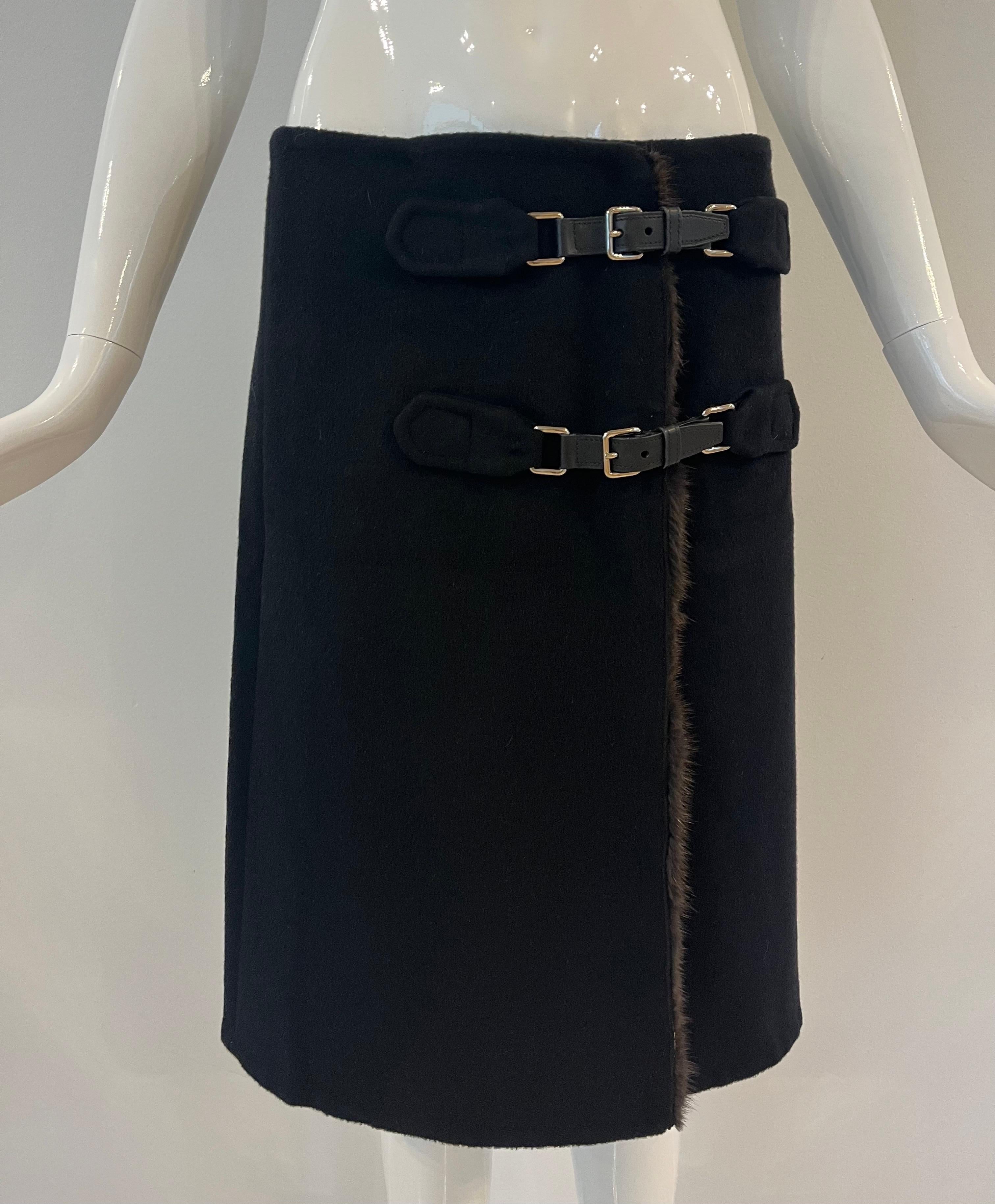 1990s Prada Angora Mink Leather Buckle Skirt  5