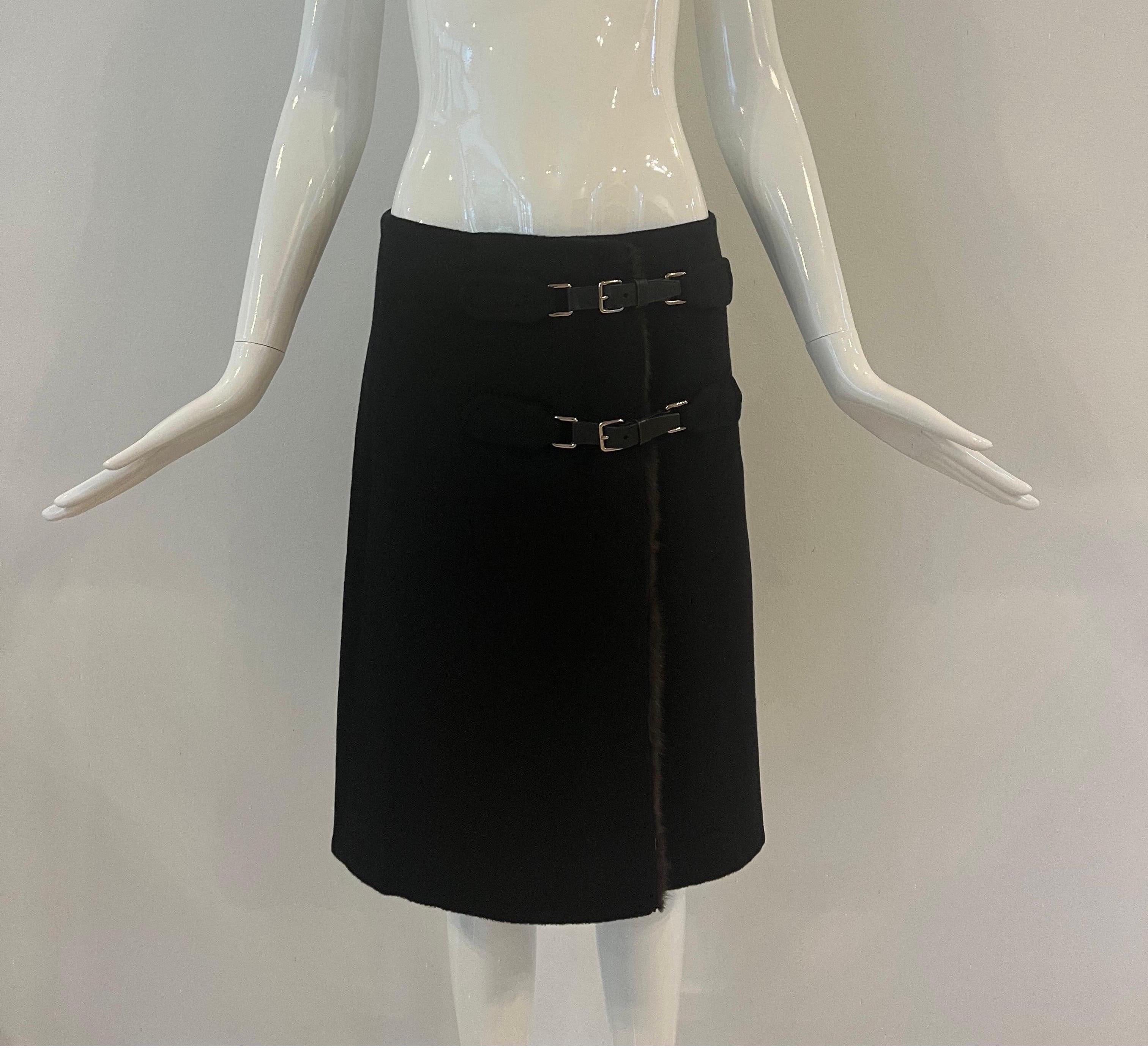 1990s Prada Angora Mink Leather Buckle Skirt  6
