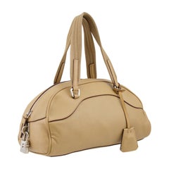 Retro 1990s Prada Beige Leather Bowling Bag 