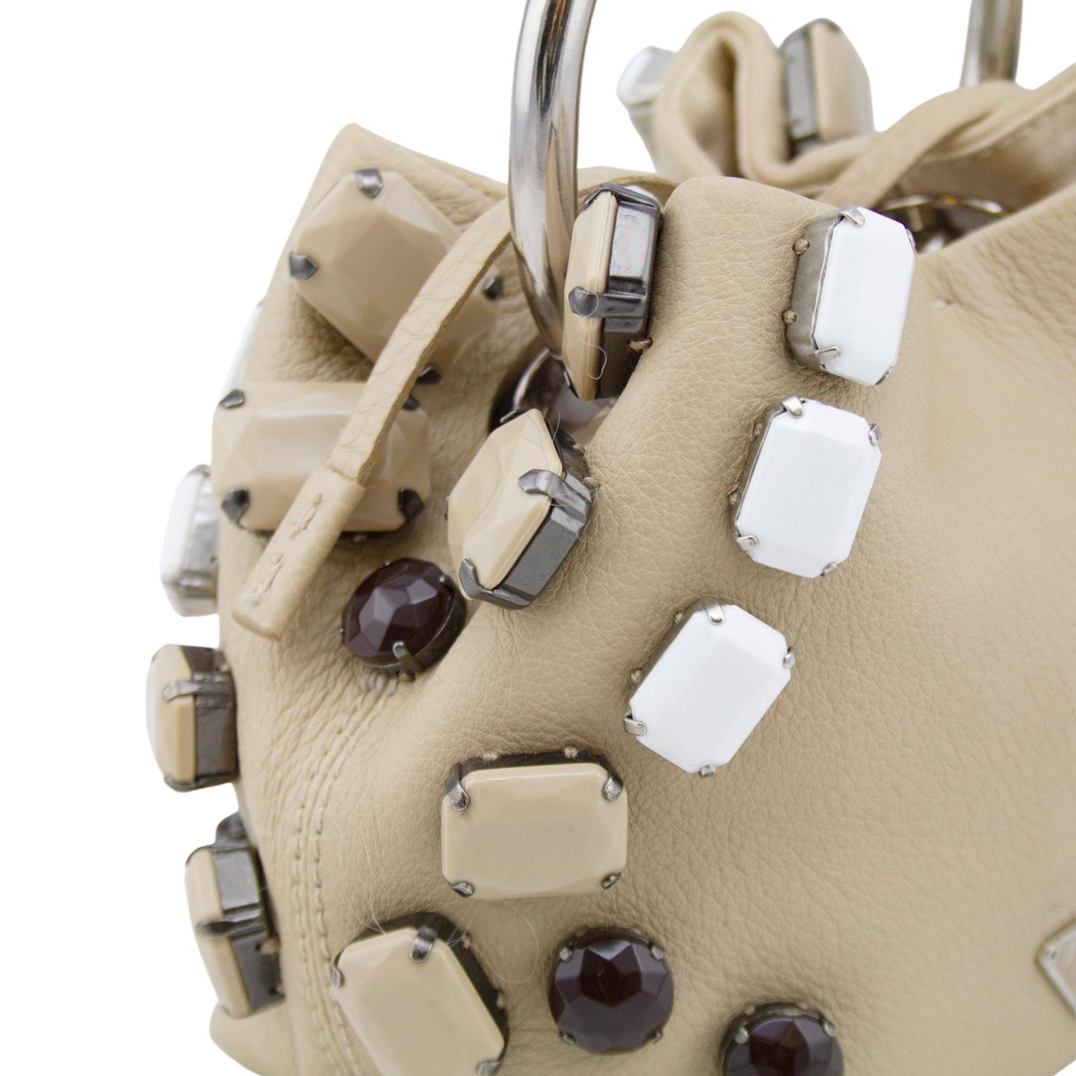 1990s Prada Beige Leather Mini Bucket Clutch with Large Bead Embellishments  In Good Condition In Toronto, Ontario