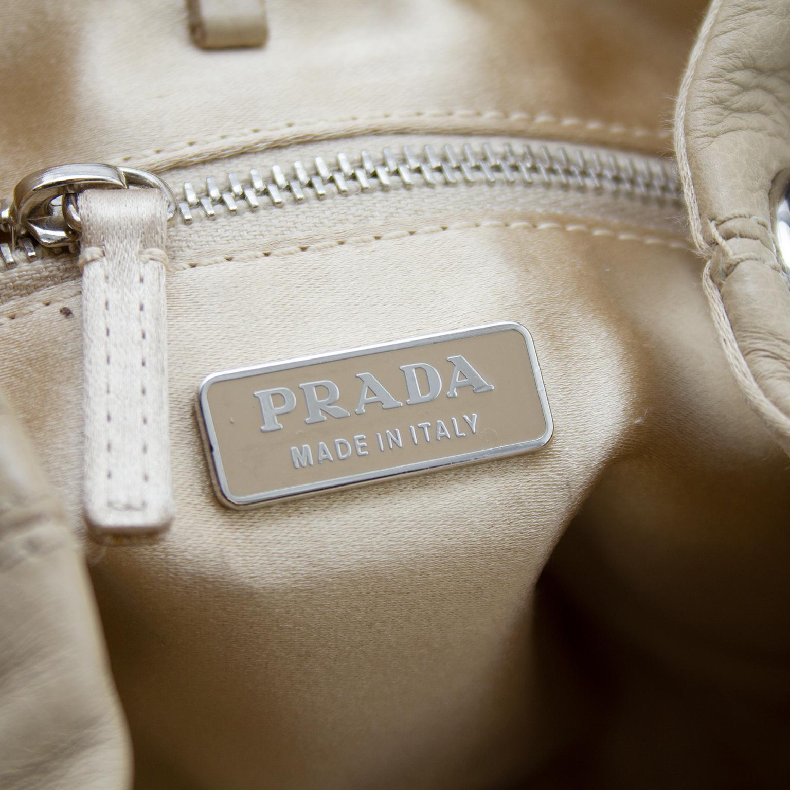 1990s Prada Beige Leather Mini Bucket Clutch with Large Bead Embellishments  4
