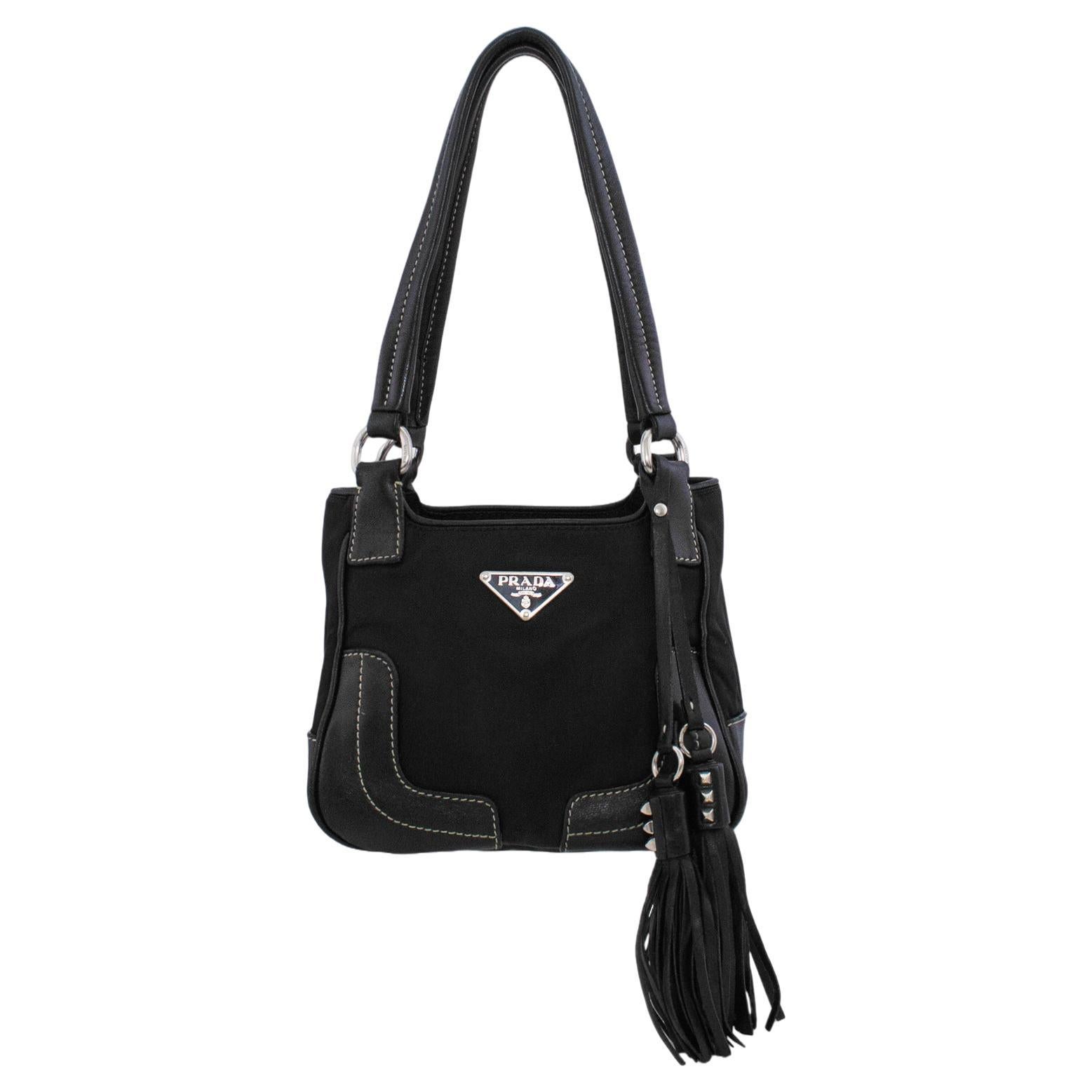 1990s Prada Black Leather and Nylon Mini Bag For Sale