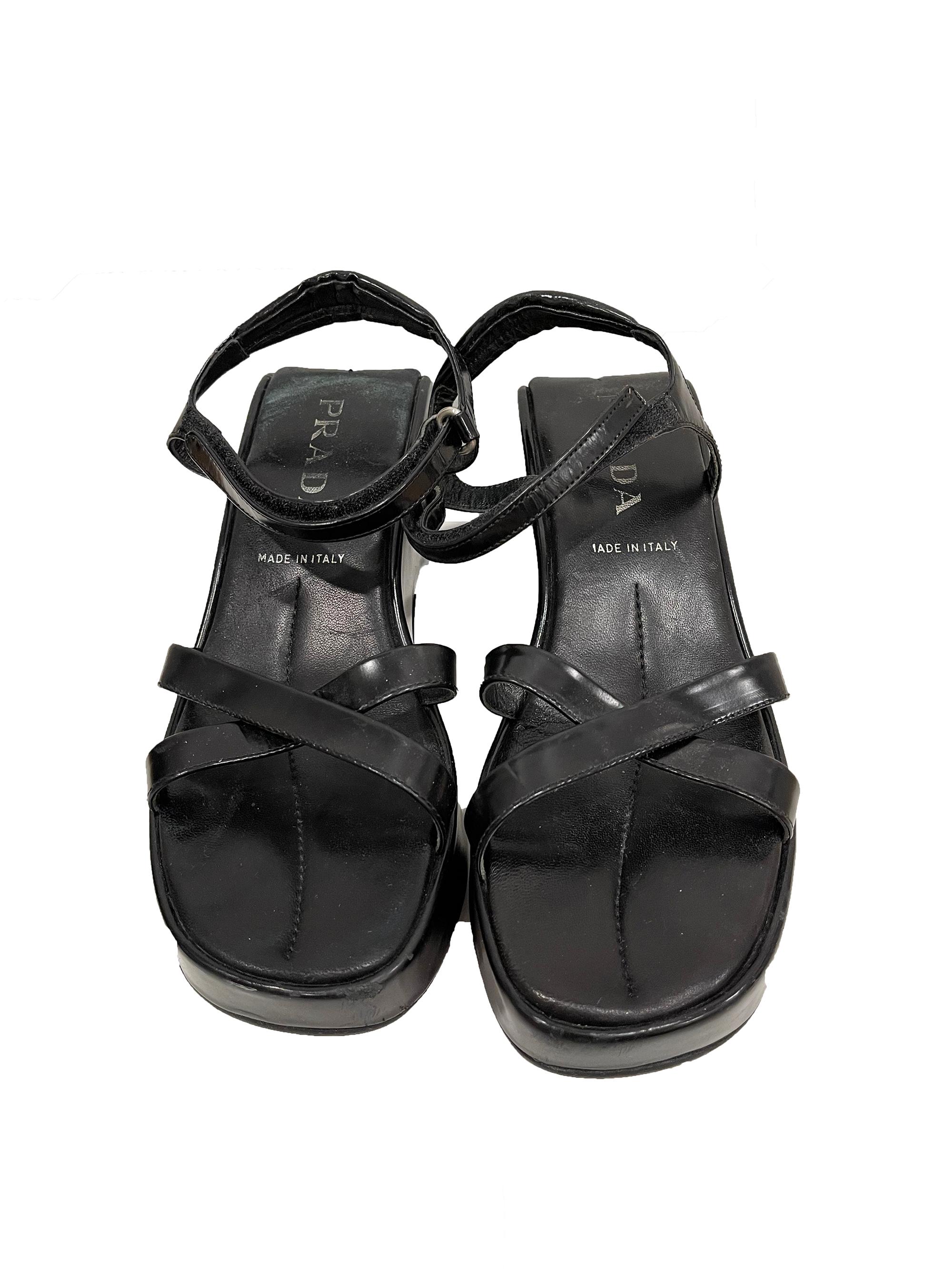 1990s Prada Black leather wedge sandals sz 38
condition: Good, all over wear
