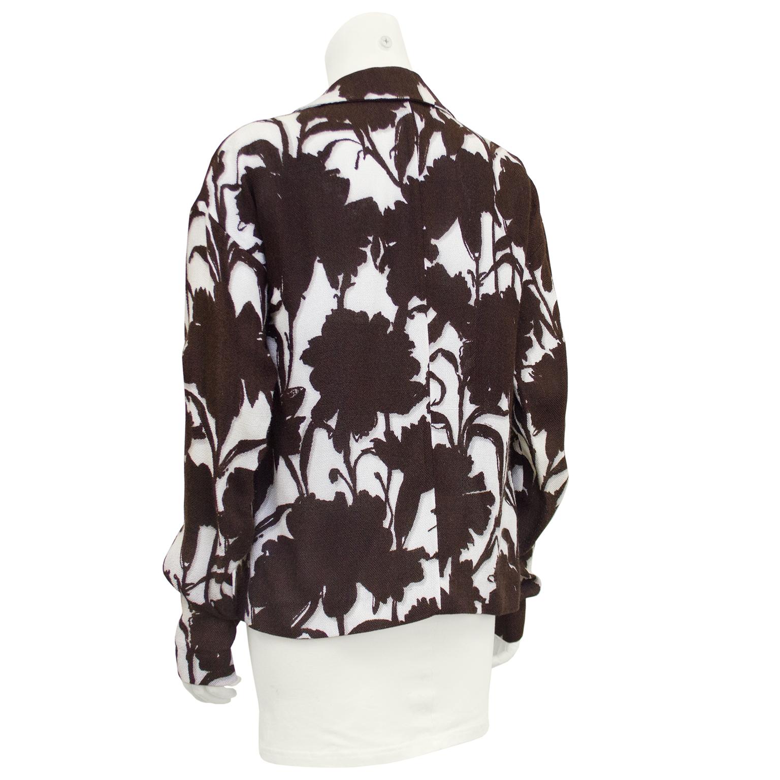 White 1990's Prada Brown and Cream Floral Linen Jacket