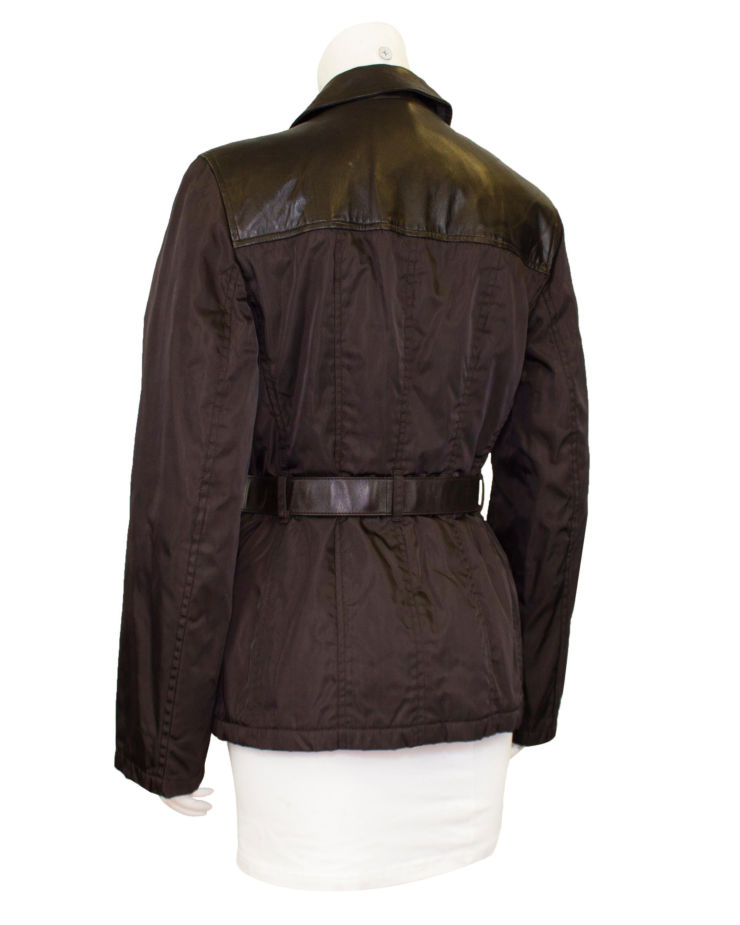 1990s Prada Brown Nylon and Leather Belted Jacket  In Good Condition In Toronto, Ontario