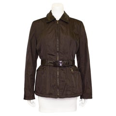 Retro 1990s Prada Brown Nylon and Leather Belted Jacket 