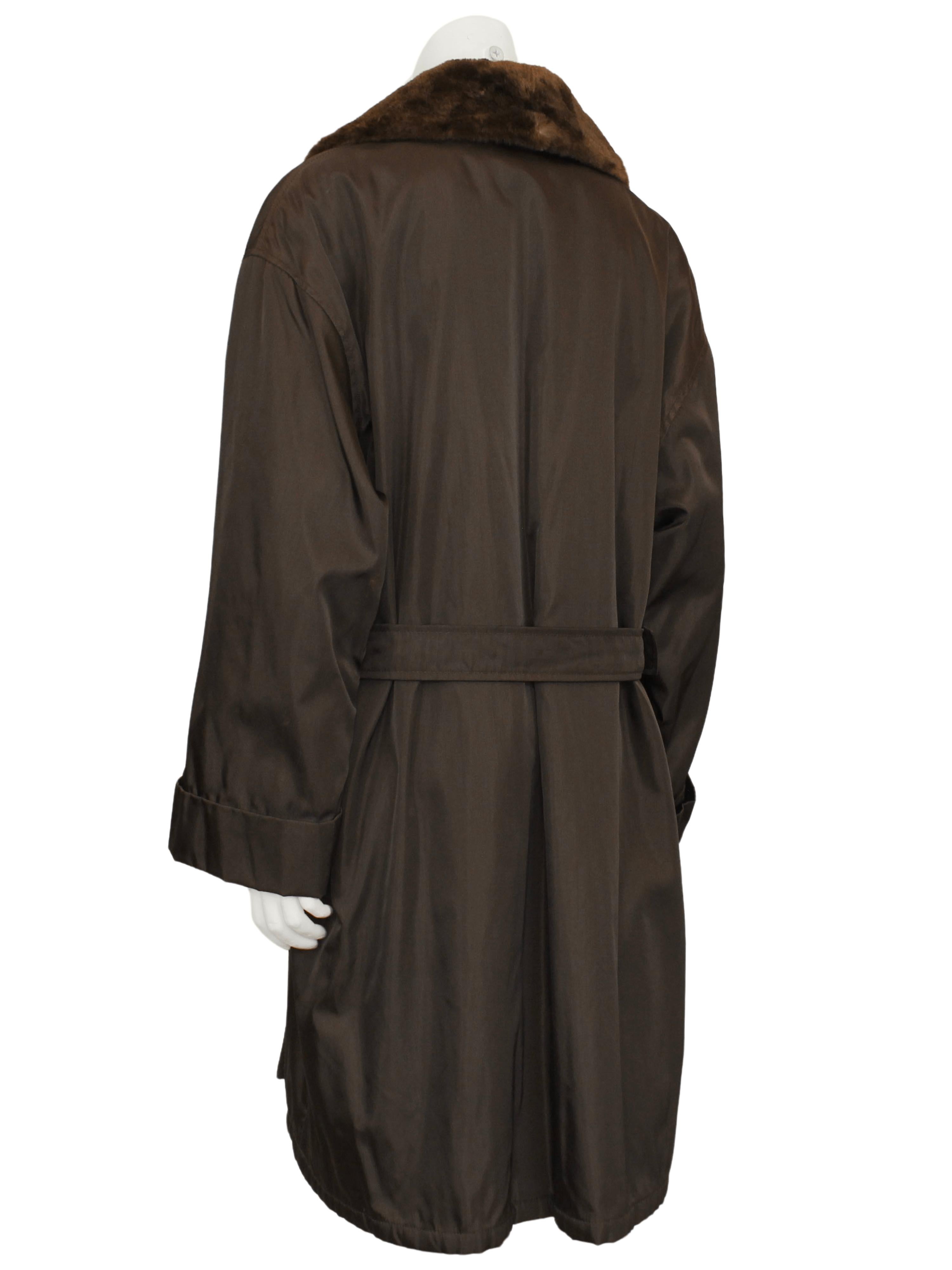 Black 1990s Prada Brown Nylon Trench Coat with Faux Collar