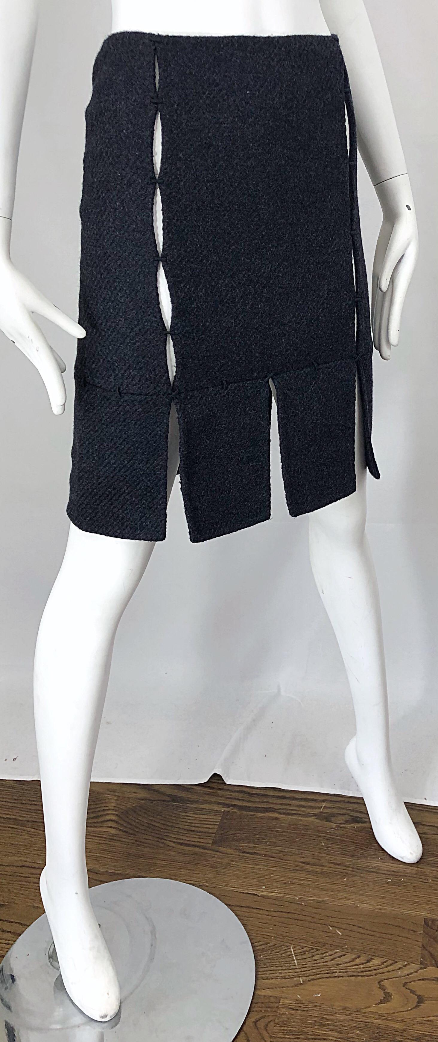 1990s Prada Charcoal Grey Cut - Out High Waisted Wool Vintage 90s Pencil Skirt 2