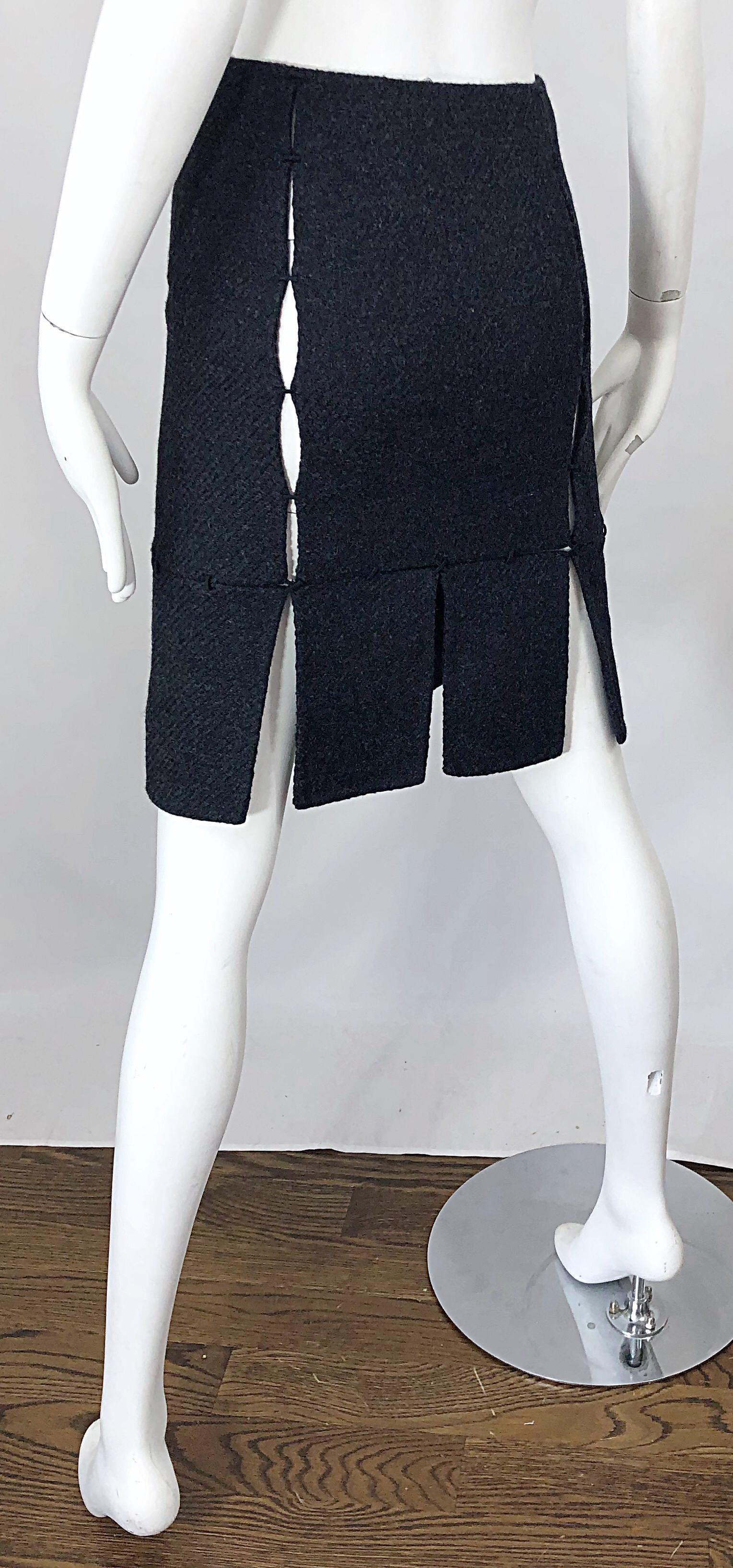 1990s Prada Charcoal Grey Cut - Out High Waisted Wool Vintage 90s Pencil Skirt 4