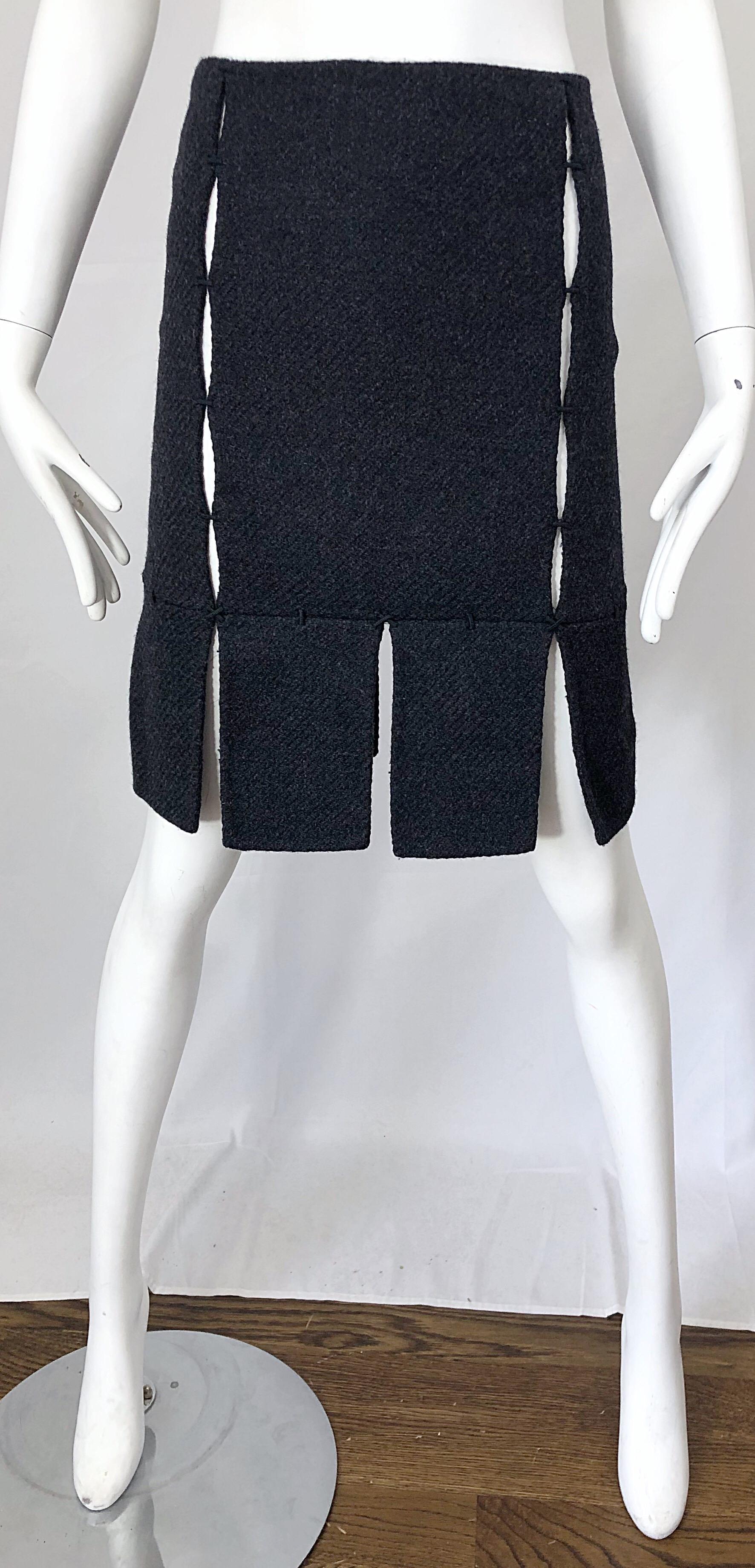 1990s Prada Charcoal Grey Cut - Out High Waisted Wool Vintage 90s Pencil Skirt 5