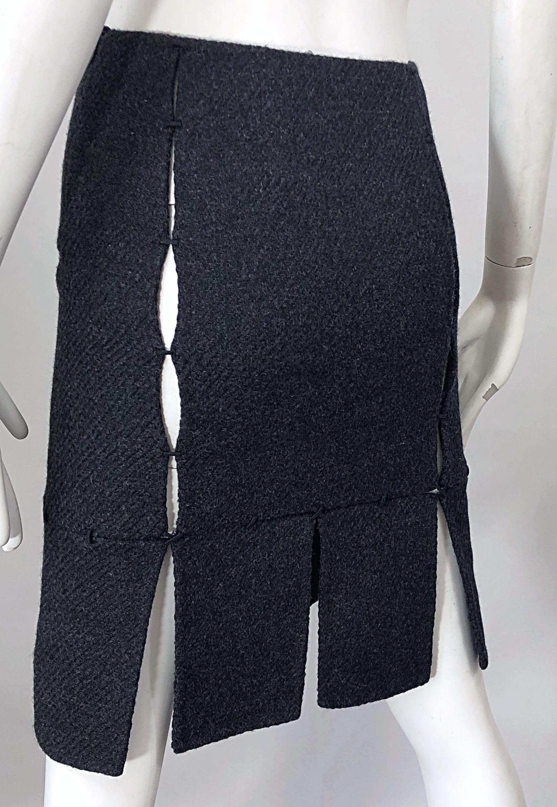 1990s Prada Charcoal Grey Cut - Out High Waisted Wool Vintage 90s Pencil Skirt In Excellent Condition In San Diego, CA