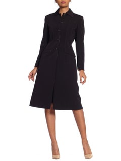 Robe et manteau Prada des années 1990 avec ceinture à nœud en noir et surpiqûres brunes