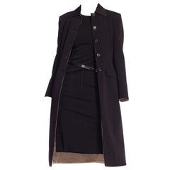 Vintage 1990s Prada Dress & Coat with Bow Belt in Black with Brown Stitching 