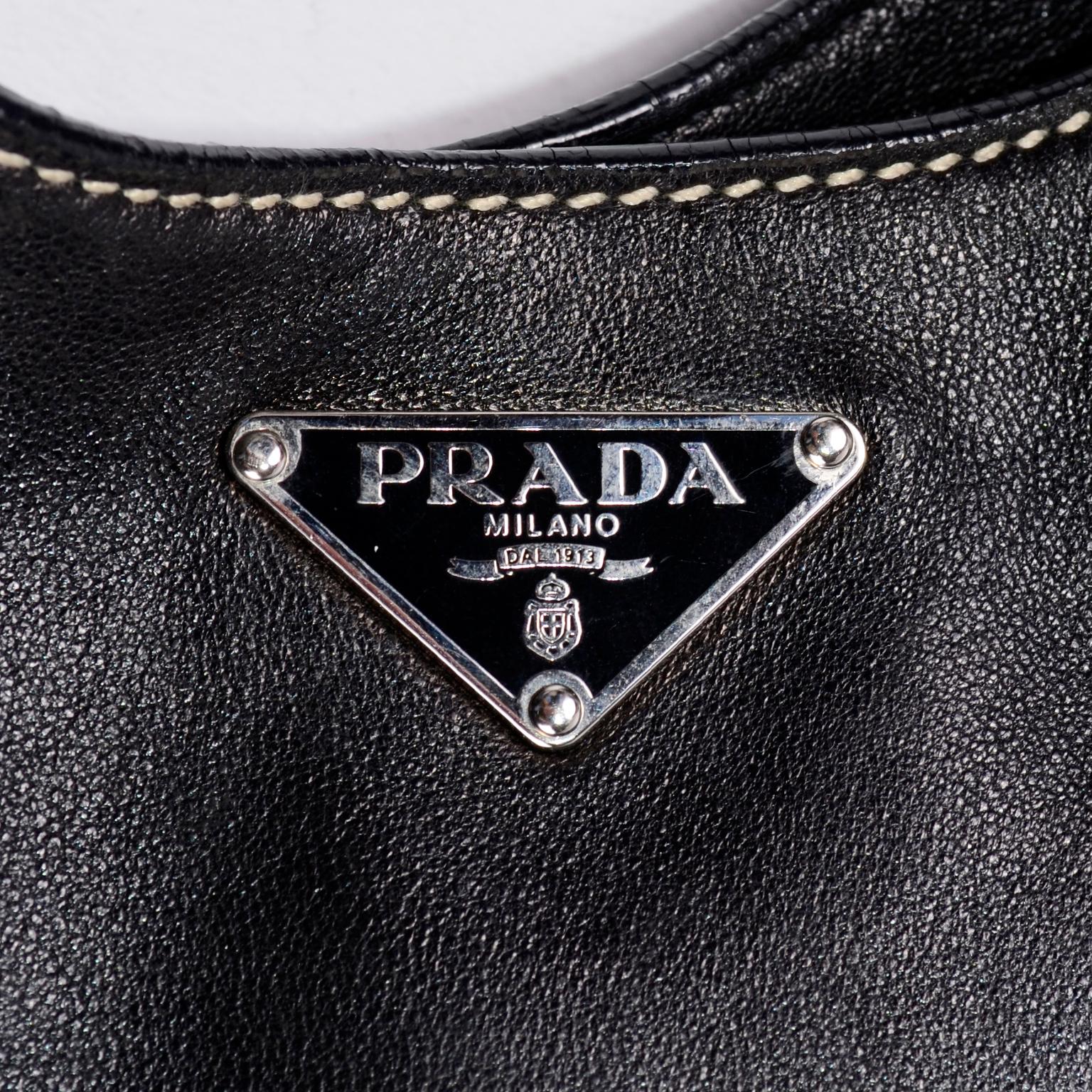 1990s Prada Handbag Black Lambskin Leather Shoulder Hobo Bag With Buckles 4