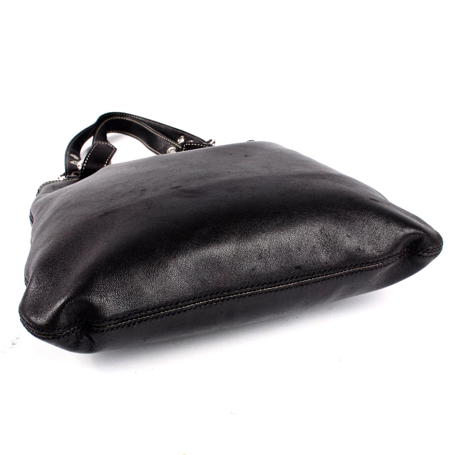 1990s Prada Handbag Black Lambskin Leather Shoulder Hobo Bag With Buckles In Good Condition In Portland, OR