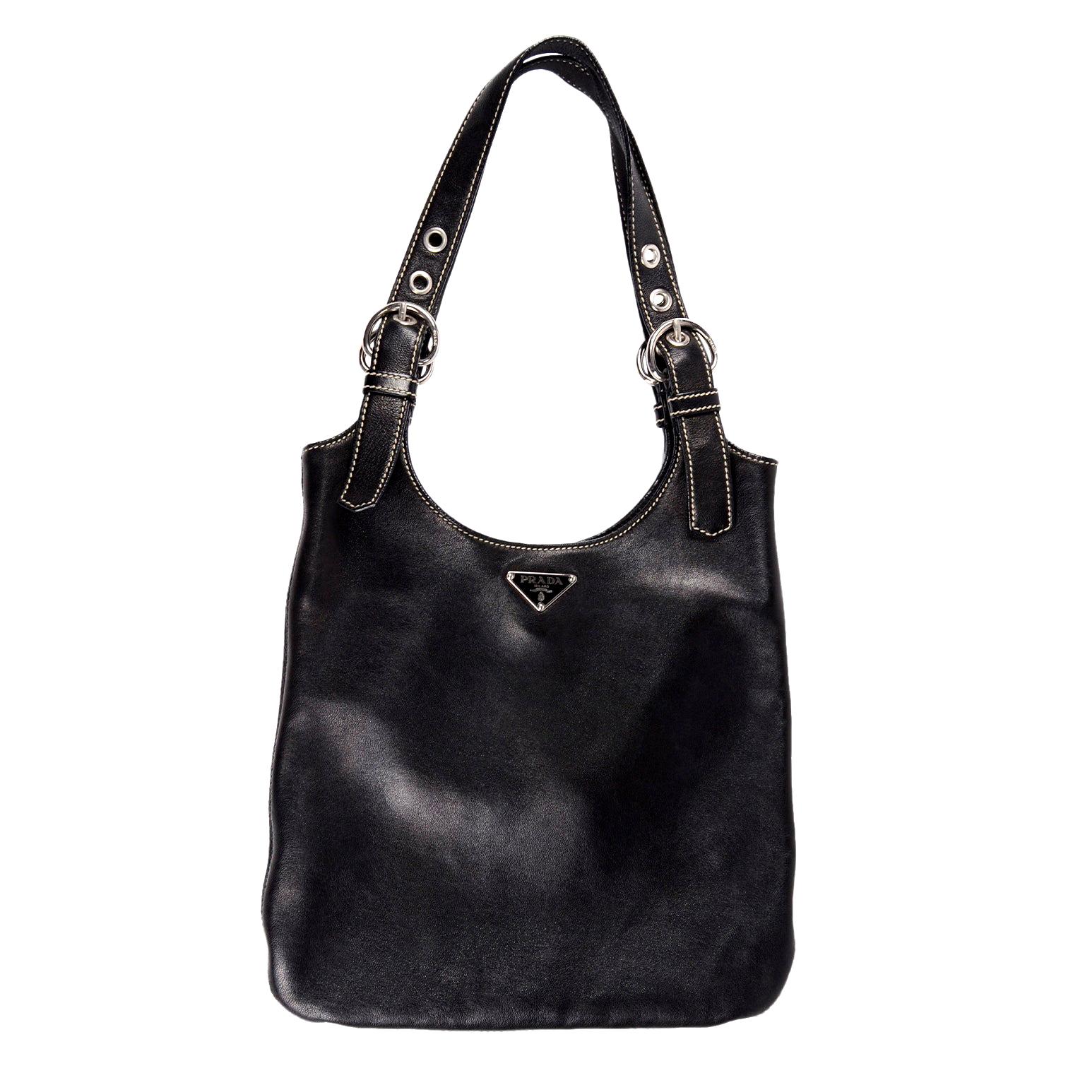 1990s Prada Handbag Black Lambskin Leather Shoulder Hobo Bag With Buckles
