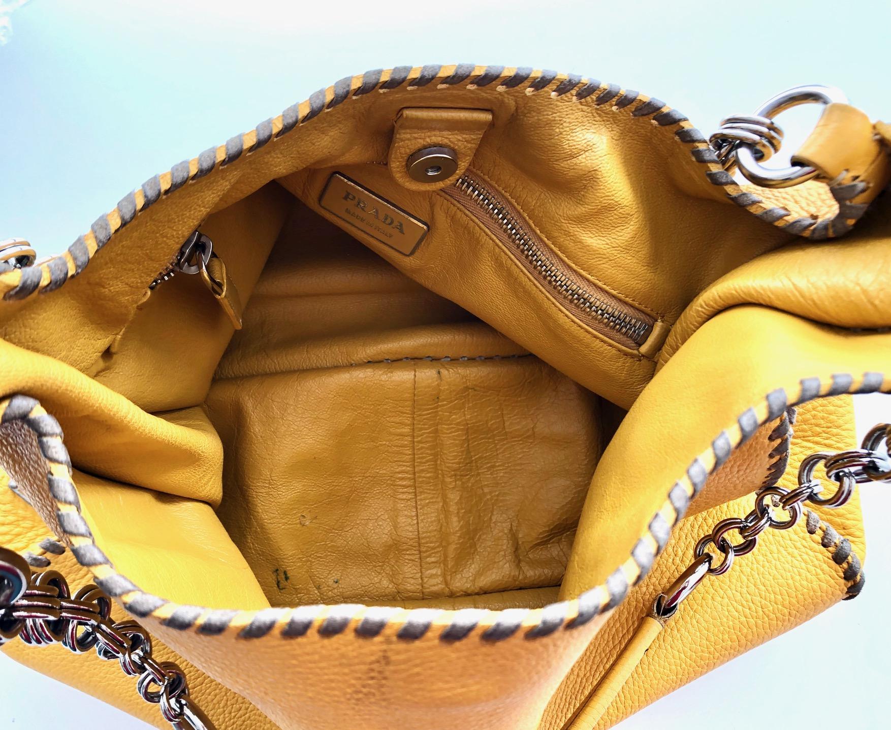 1990s Prada Bright Yellow Madras Leather Chain Hobo bag 2