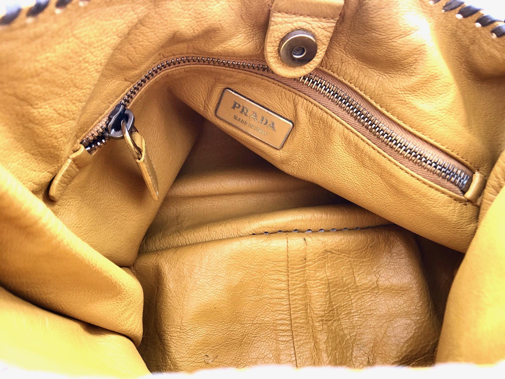 1990s Prada Bright Yellow Madras Leather Chain Hobo bag 4
