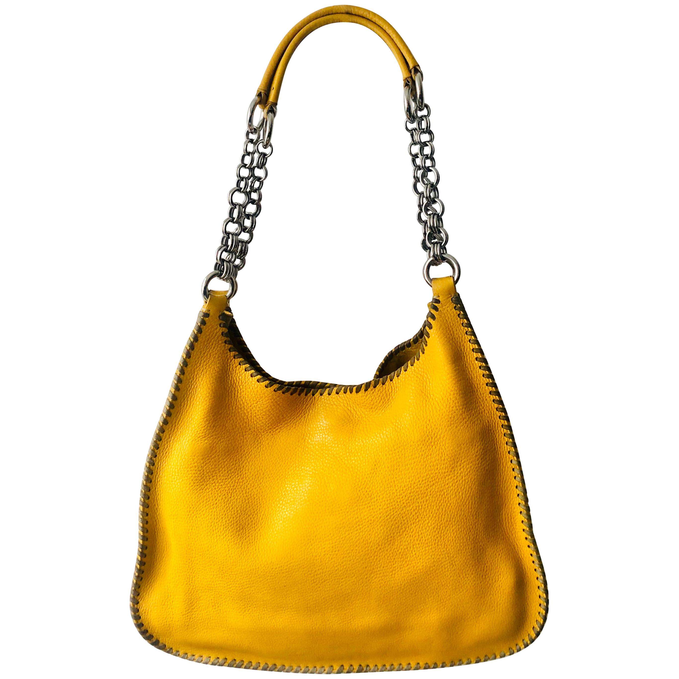 1990s Prada Bright Yellow Madras Leather Chain Hobo bag