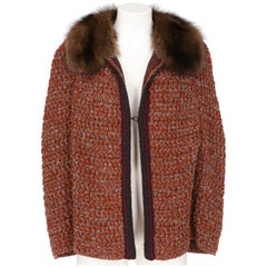 1990s Prada Marten Fur and Orange Rust Wool Cape Sweater