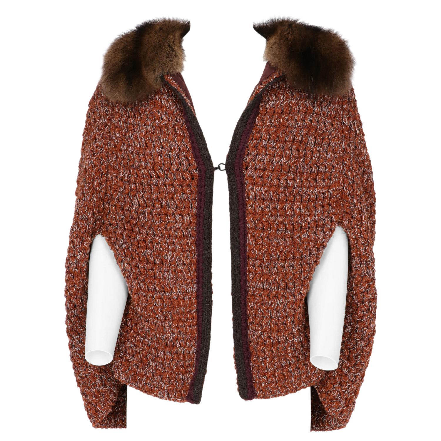 1990s Prada Marten Fur and Orange Rust Wool Cape Sweater
