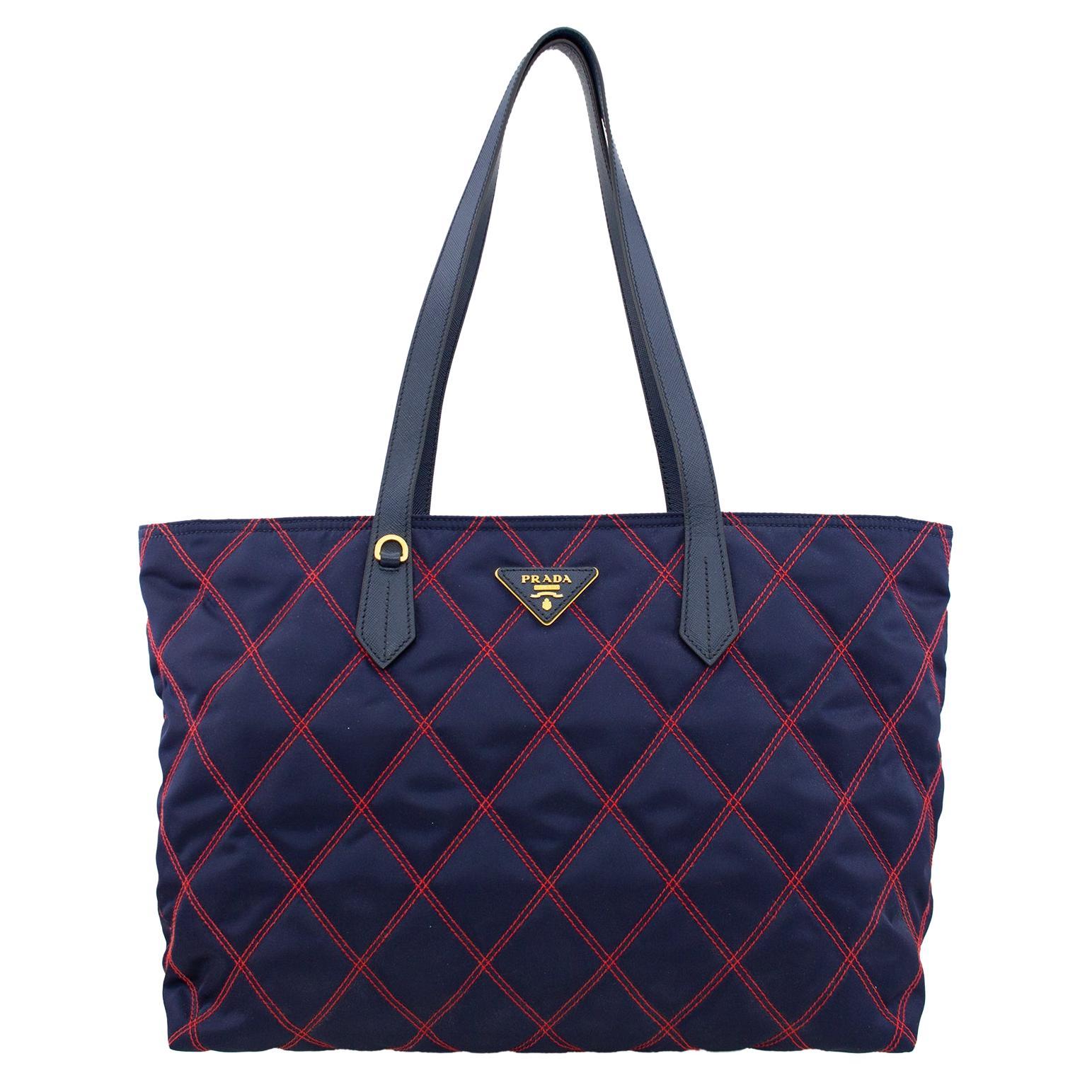 1990s Prada Navy Blue and Red Quilted Tessuto Impunto Tote Bag 