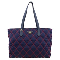 Used 1990s Prada Navy Blue and Red Quilted Tessuto Impunto Tote Bag 