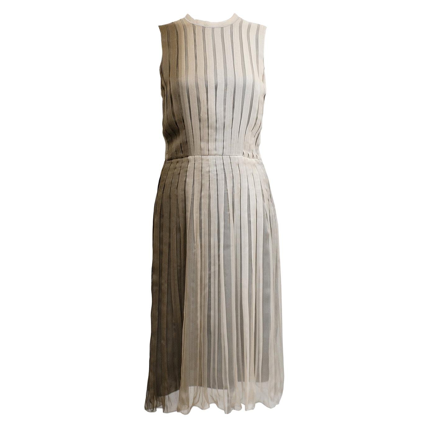 1990s Prada Pleated Taupe Chiffon Ombre Dress
