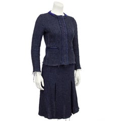 1990s Prada Raw Edge Navy Blue Knit Tweed Skirt Suit