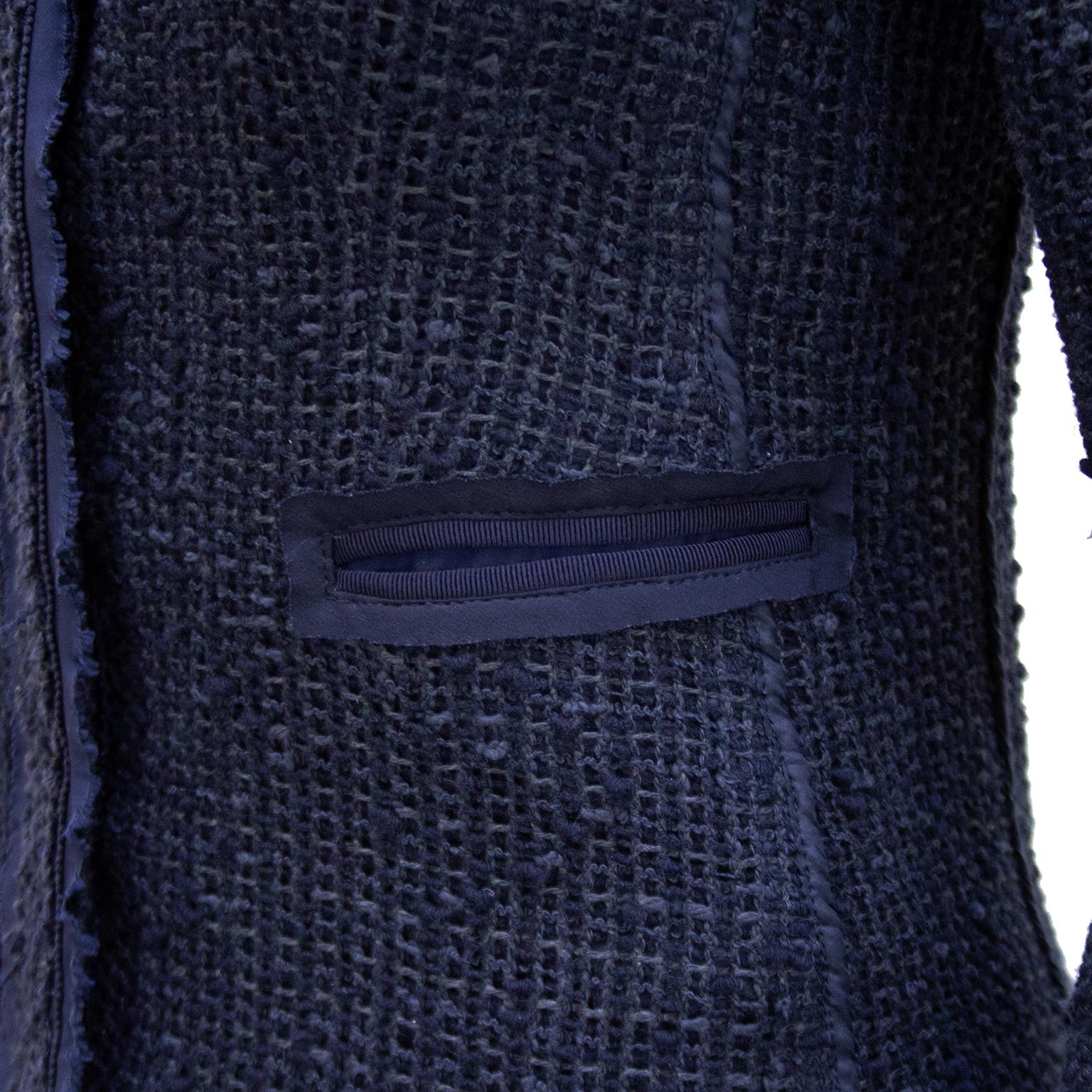 Black 1990s Prada Raw Edge Navy Blue Knit Tweed Skirt Suit 