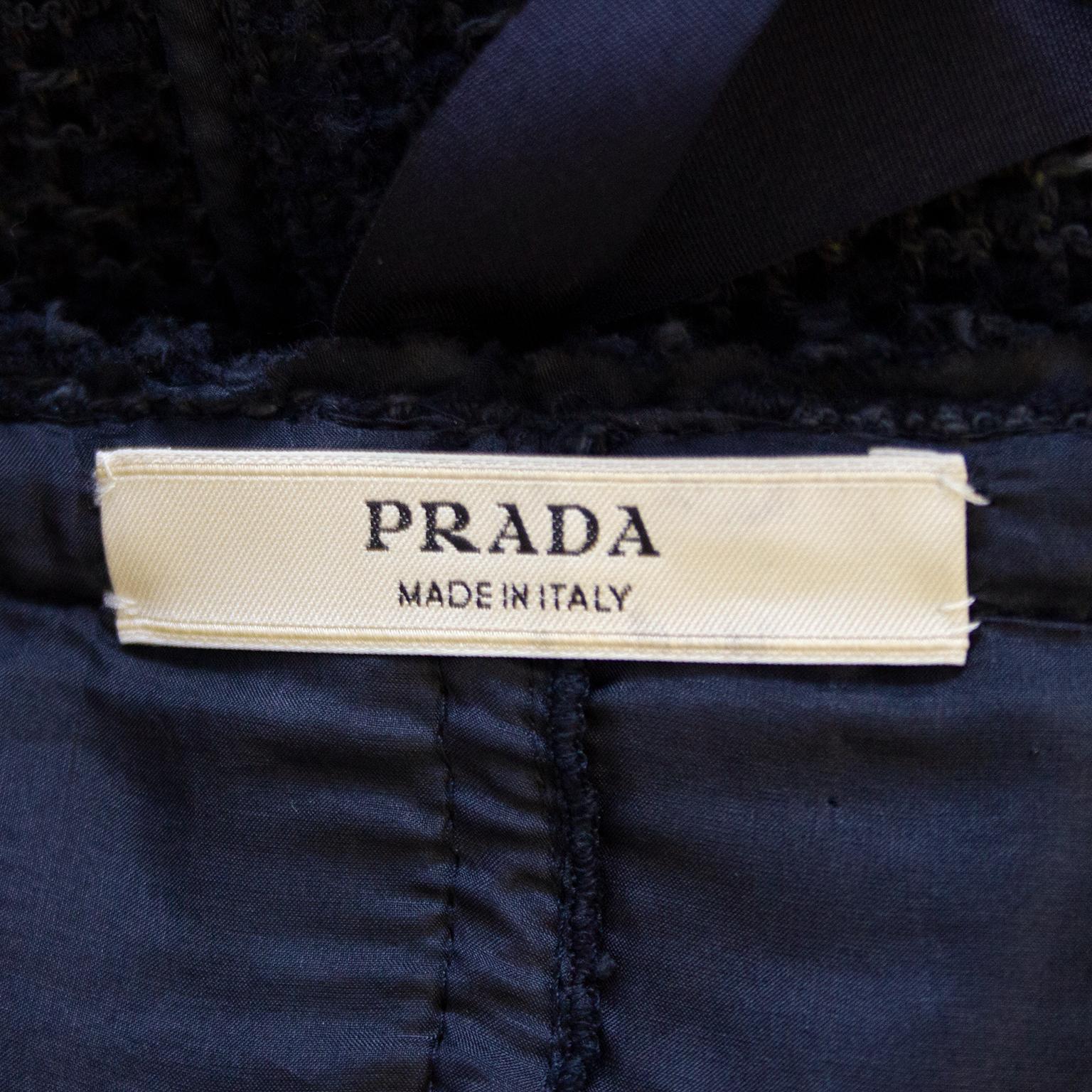 1990s Prada Raw Edge Navy Blue Knit Tweed Skirt Suit  In Good Condition In Toronto, Ontario