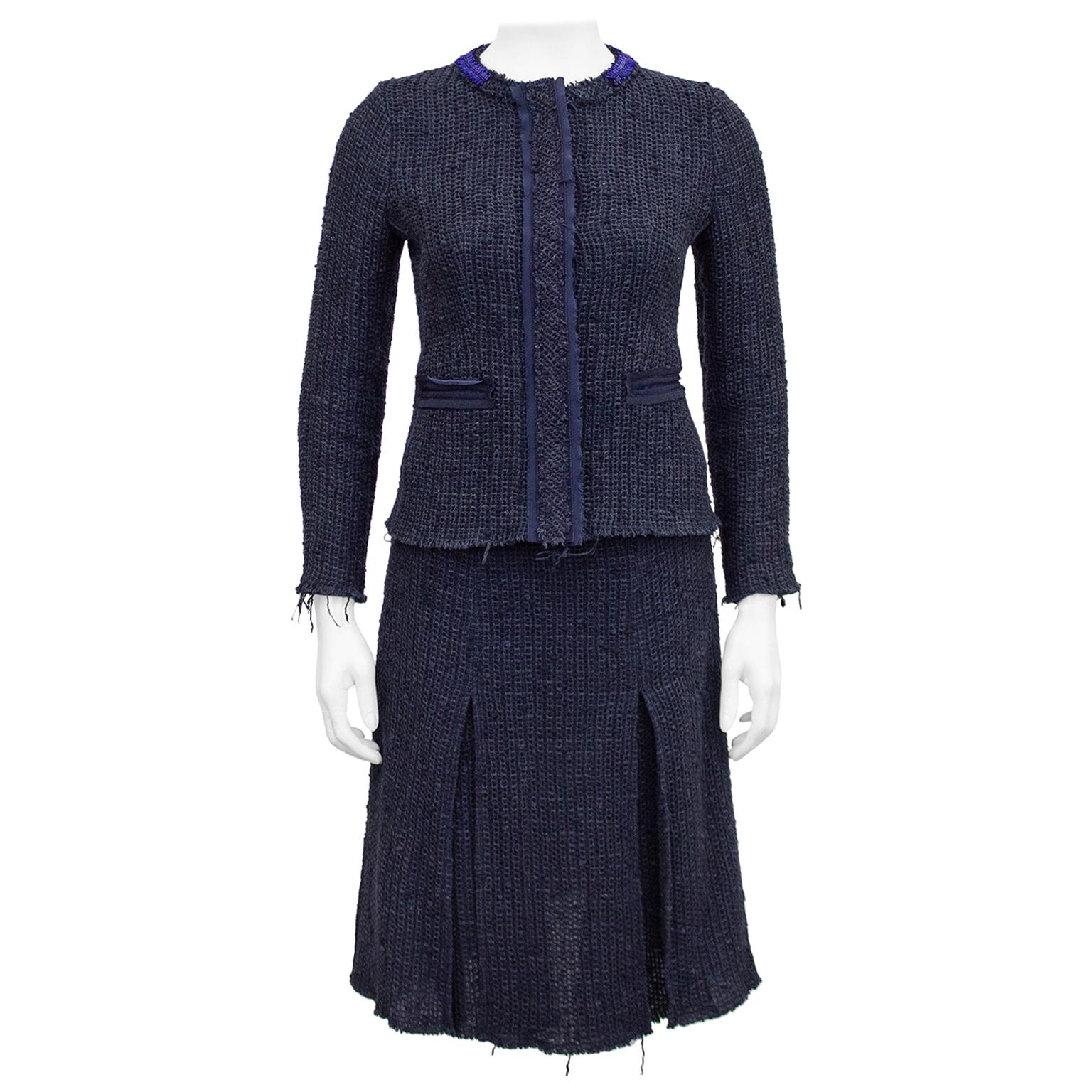 1990s Prada Raw Edge Navy Blue Knit Tweed Skirt Suit 