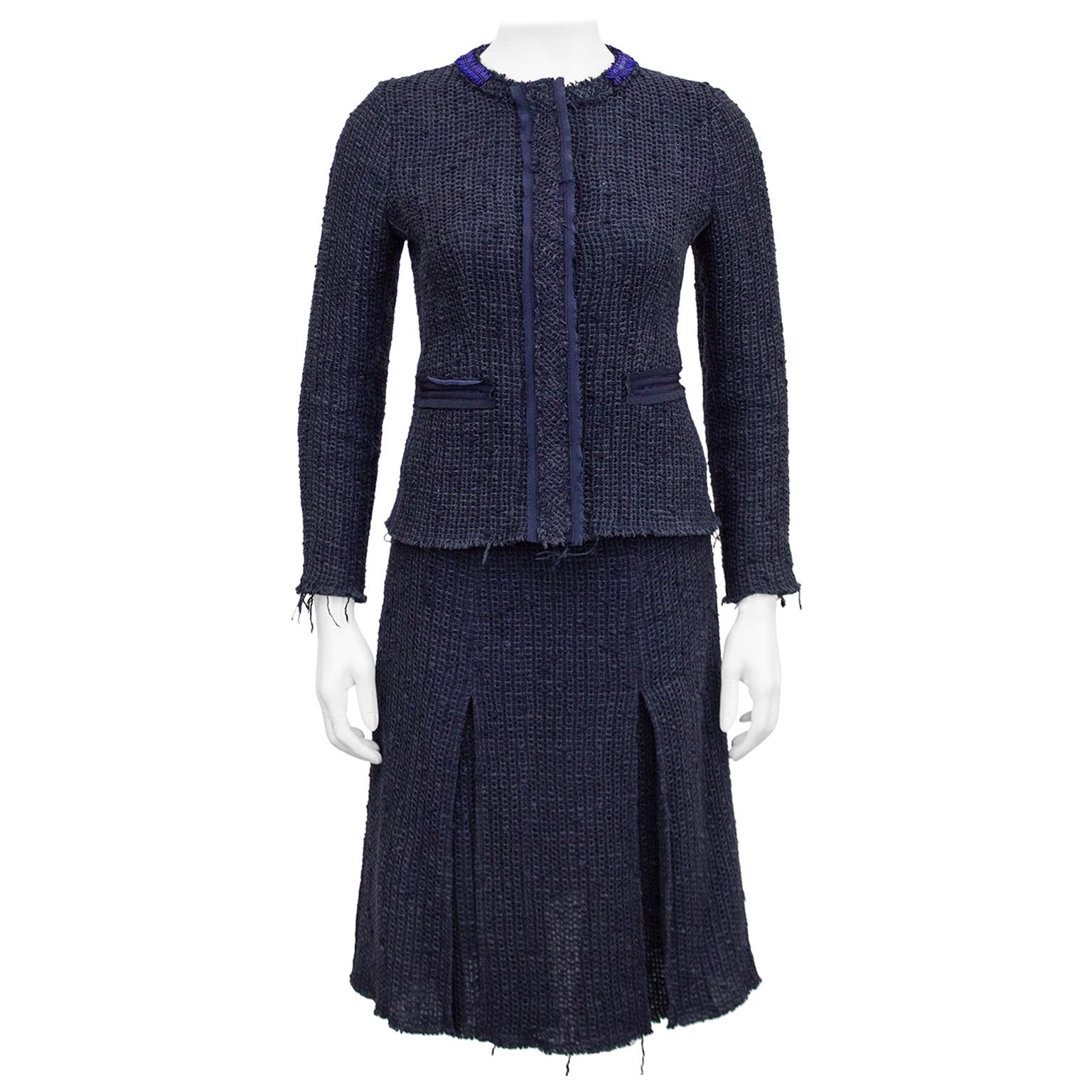 1990s Prada Raw Edge Navy Blue Knit Tweed Skirt Suit